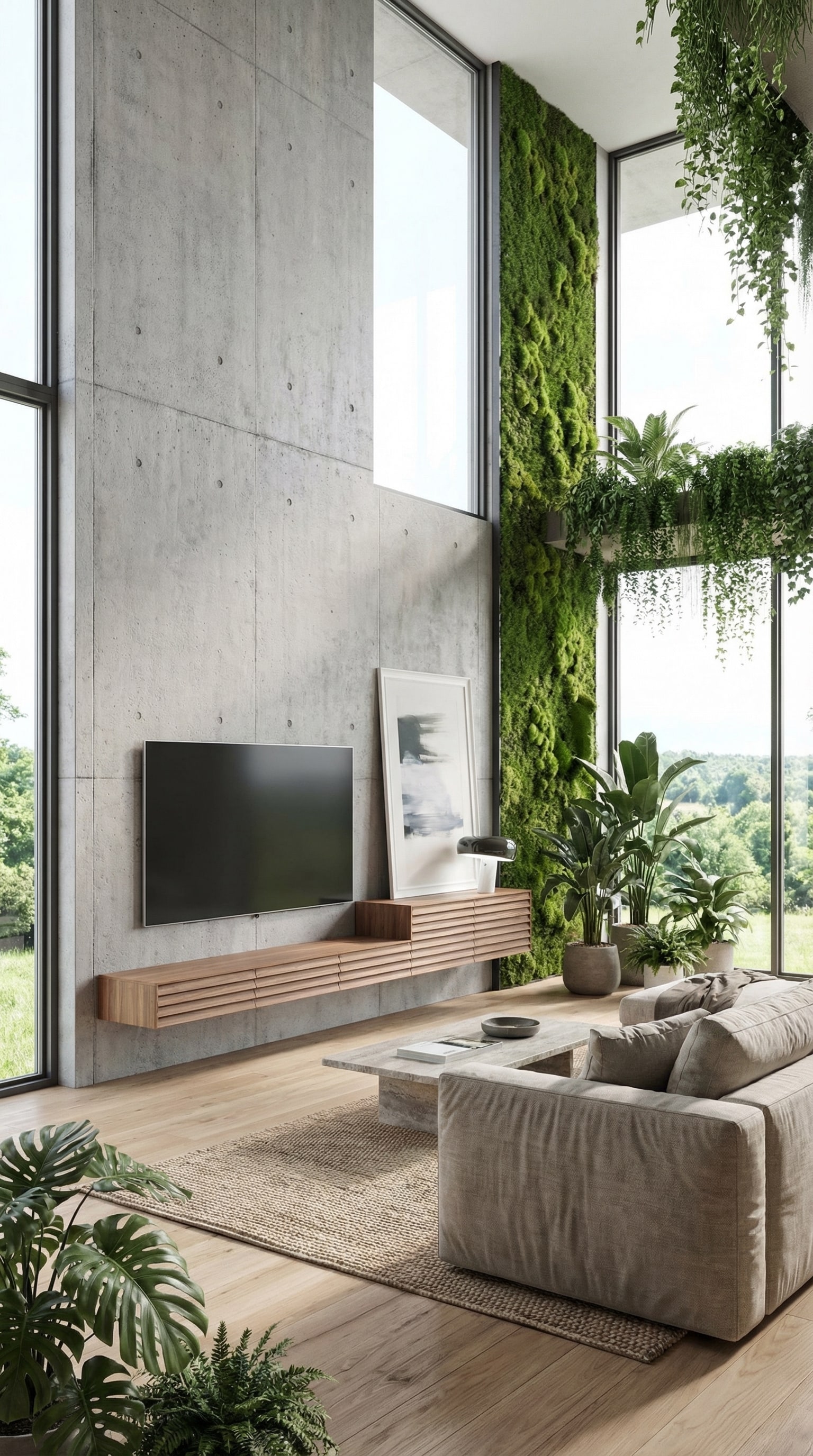 Schwebendes Lowboard mit edler Lamellenfront an einer Sichtbetonwand im modernen Wohnraum. Schwebendes Lowboard mit edler Lamellenfront an einer Sichtbetonwand im modernen Wohnraum.