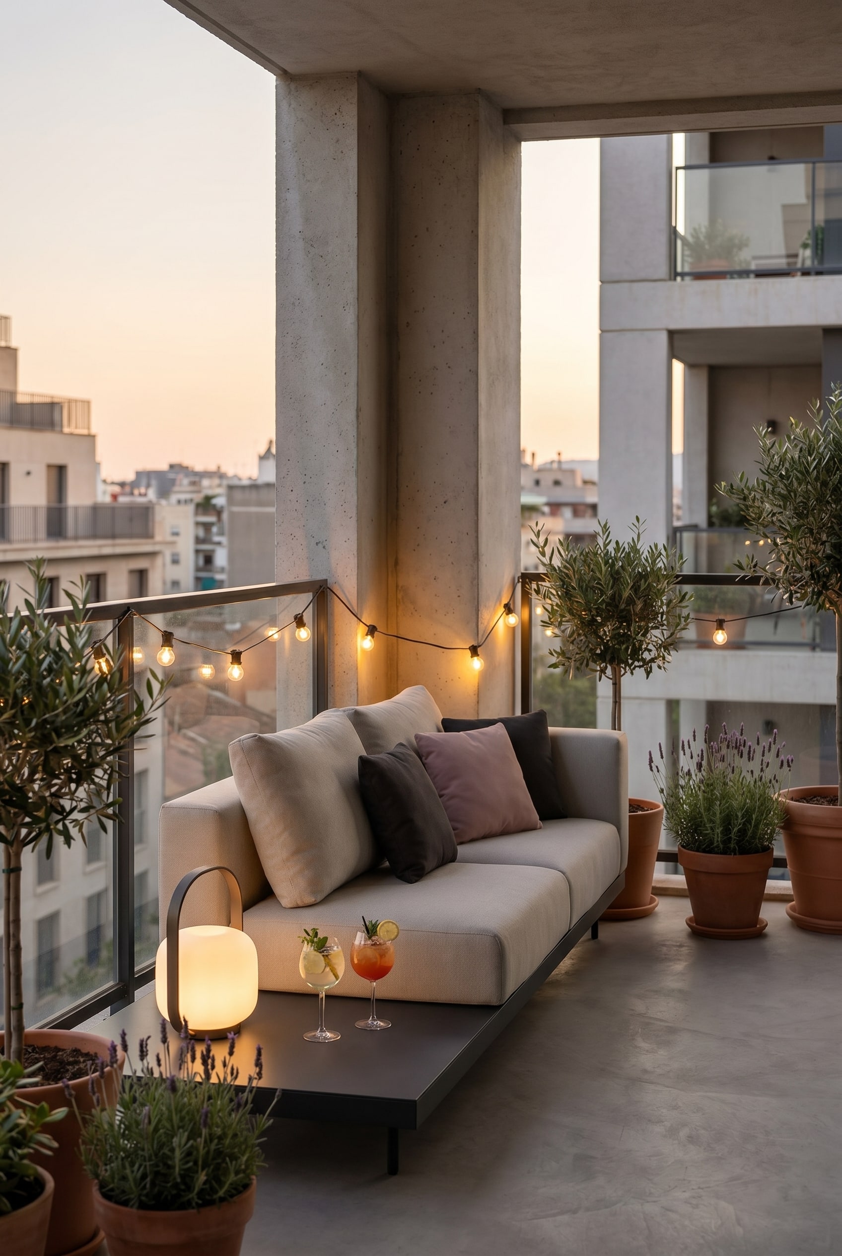 Balcone angolare con un divano da esterno luminoso e modulare che si adatta a un angolo di parete in cemento