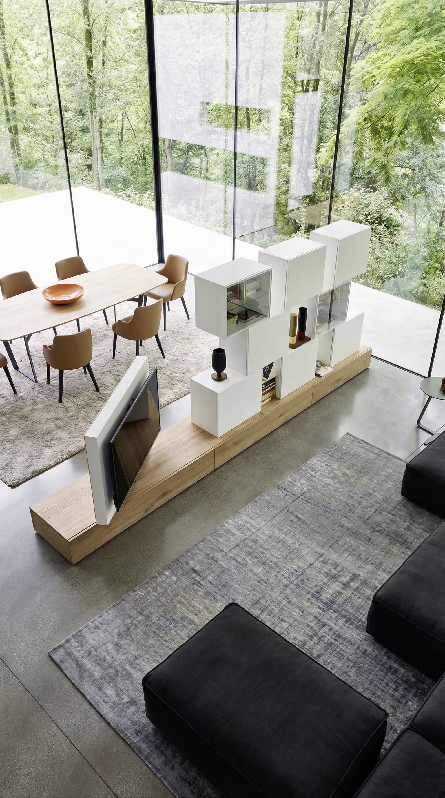 Meuble TV Livitalia C46 autoportant comme séparateur de pièce fonctionnel entre le salon et la salle à manger Meuble TV Livitalia C46 autoportant comme séparateur de pièce fonctionnel entre le salon et la salle à manger