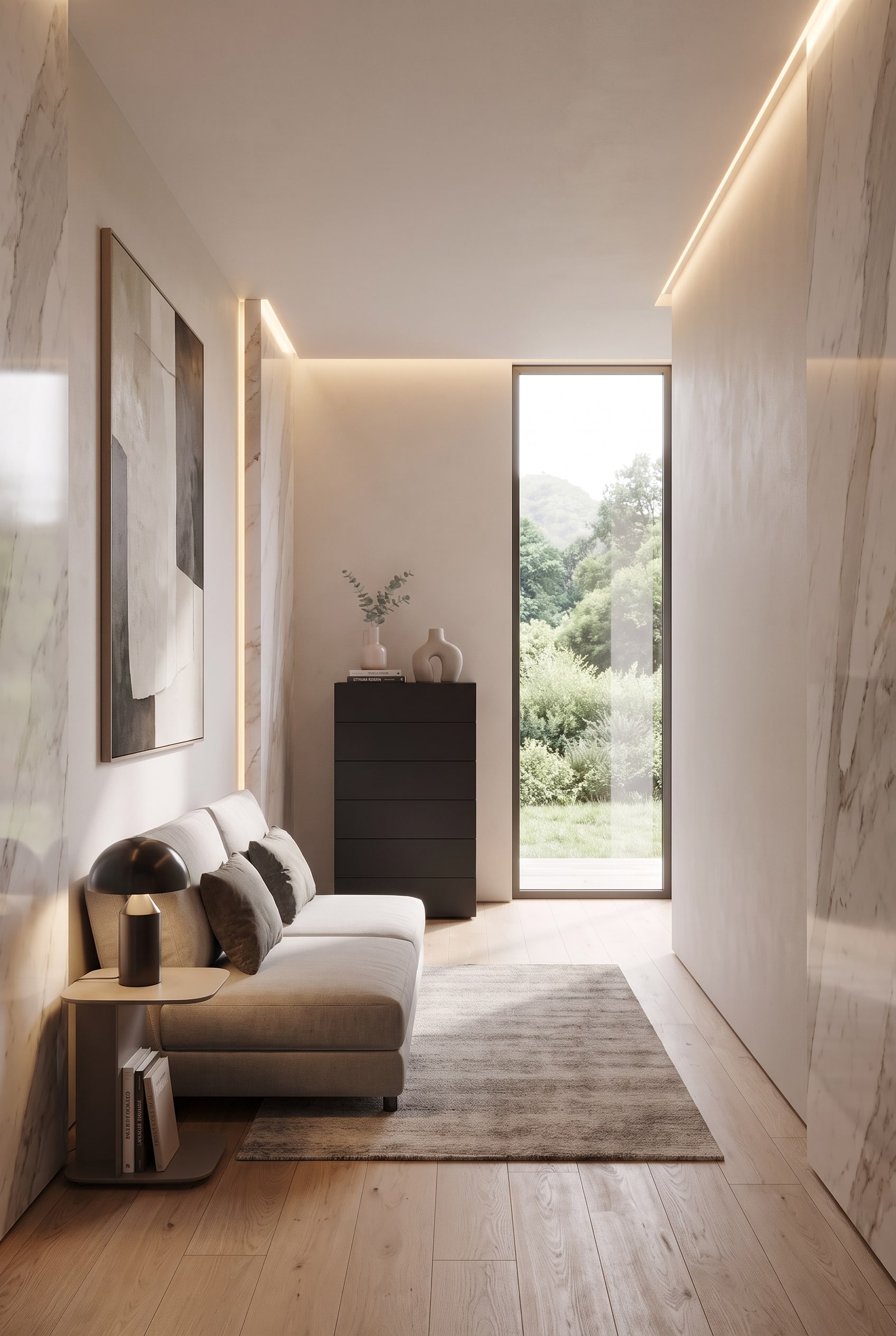 A glossy black Novamobili Easy tall chest of drawers with 6 drawers stands in a bright guest room in front of a white wall and gently reflects the daylight.