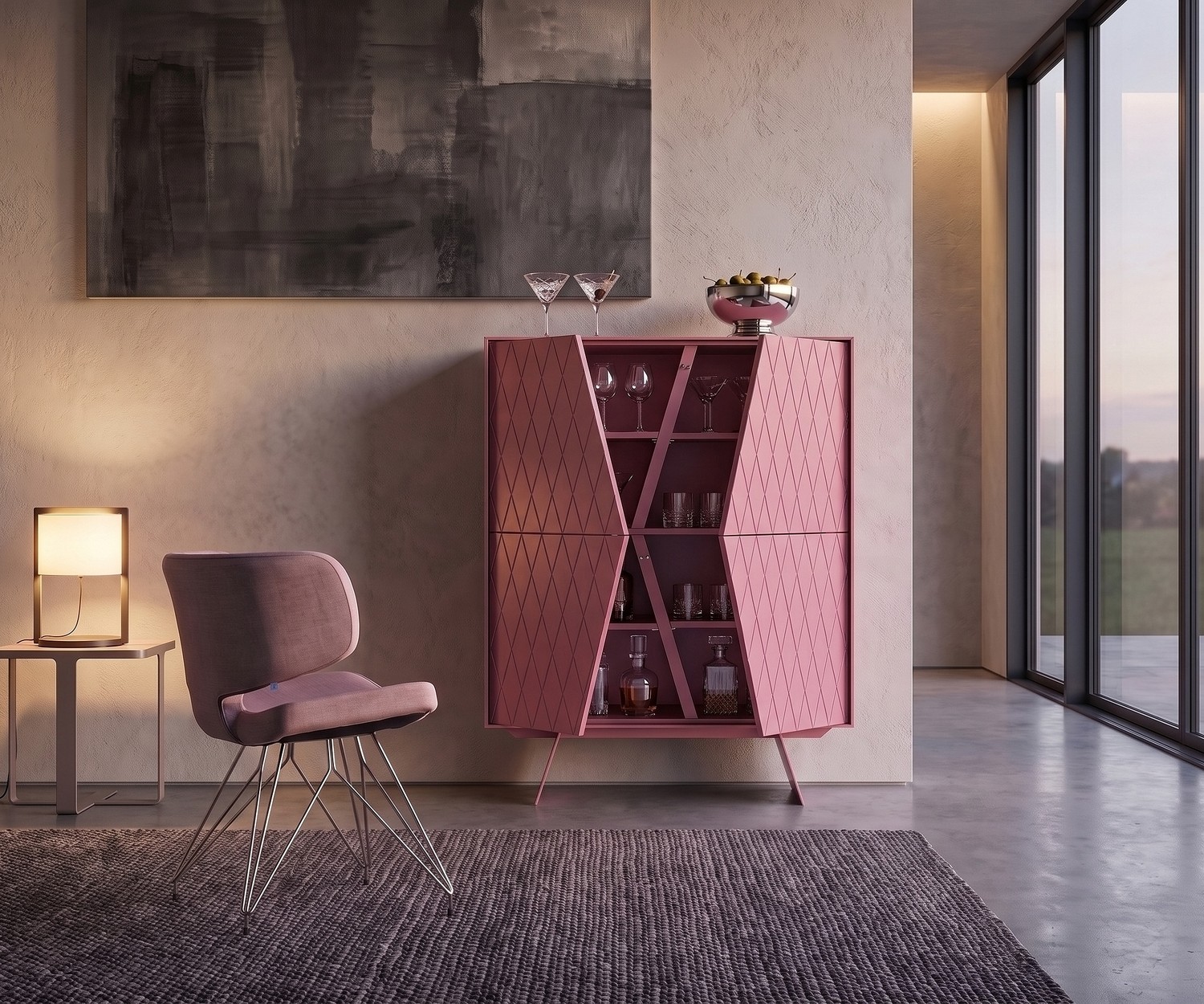 al2 e-klipse 009 Highboard with Diamond Pattern al2 e-klipse 009 highboard bar cabinet in a living room, elegant matte pink design with diamond-pattern doors.