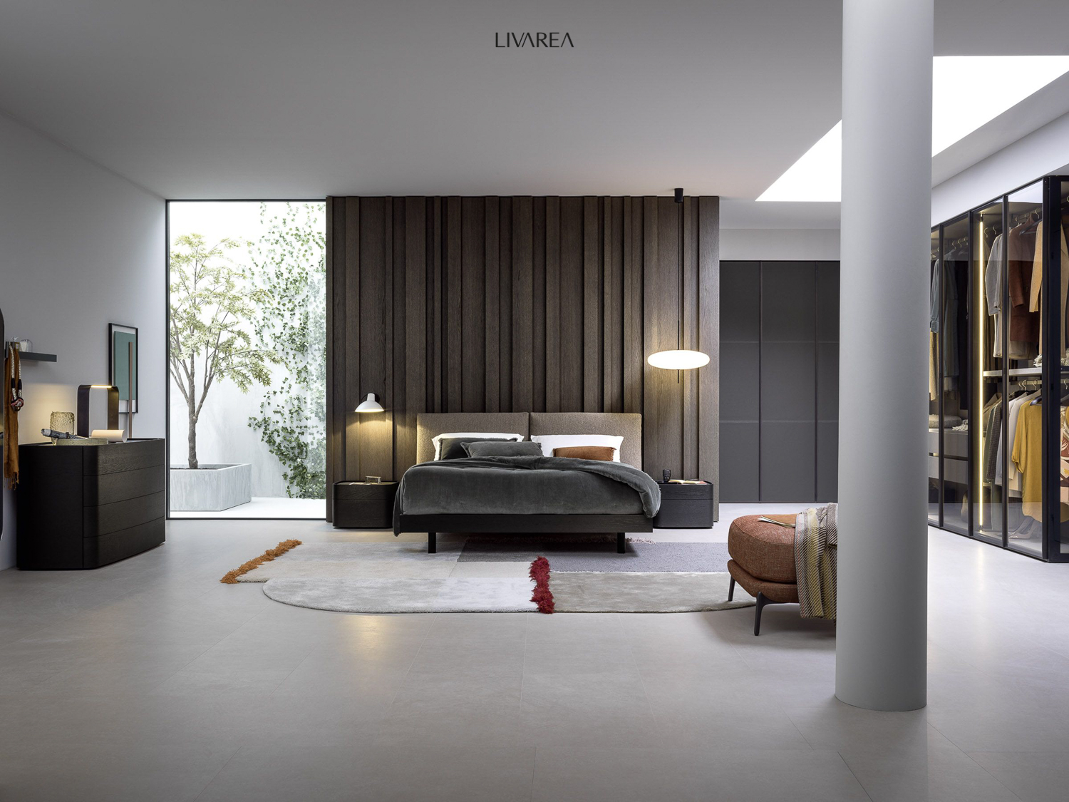 beautiful bedroom design with upholstered bed and bedside tables