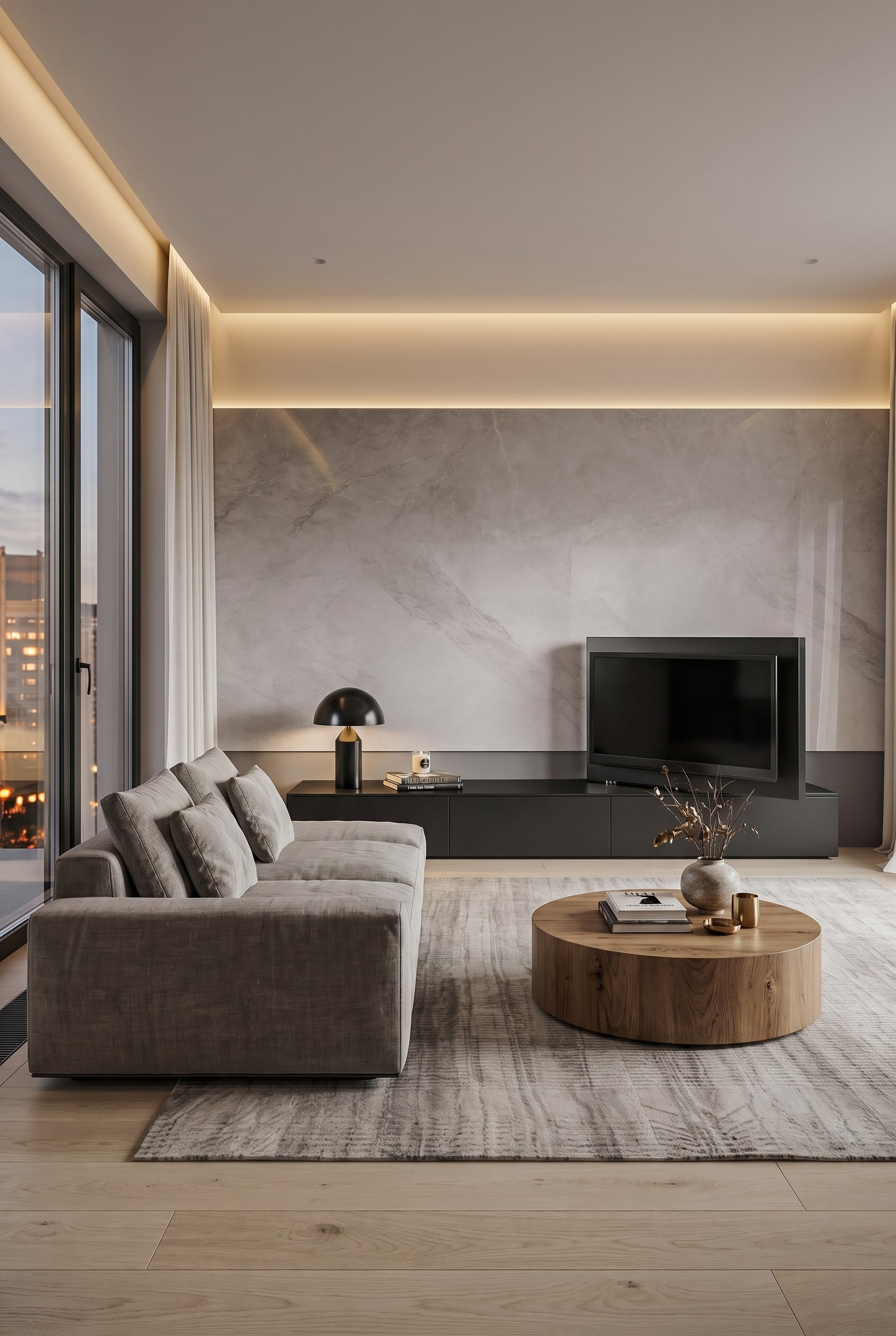 Meuble TV moderne Livitalia C35 avec panneau TV pivotant dans un salon élégant en forme de L.