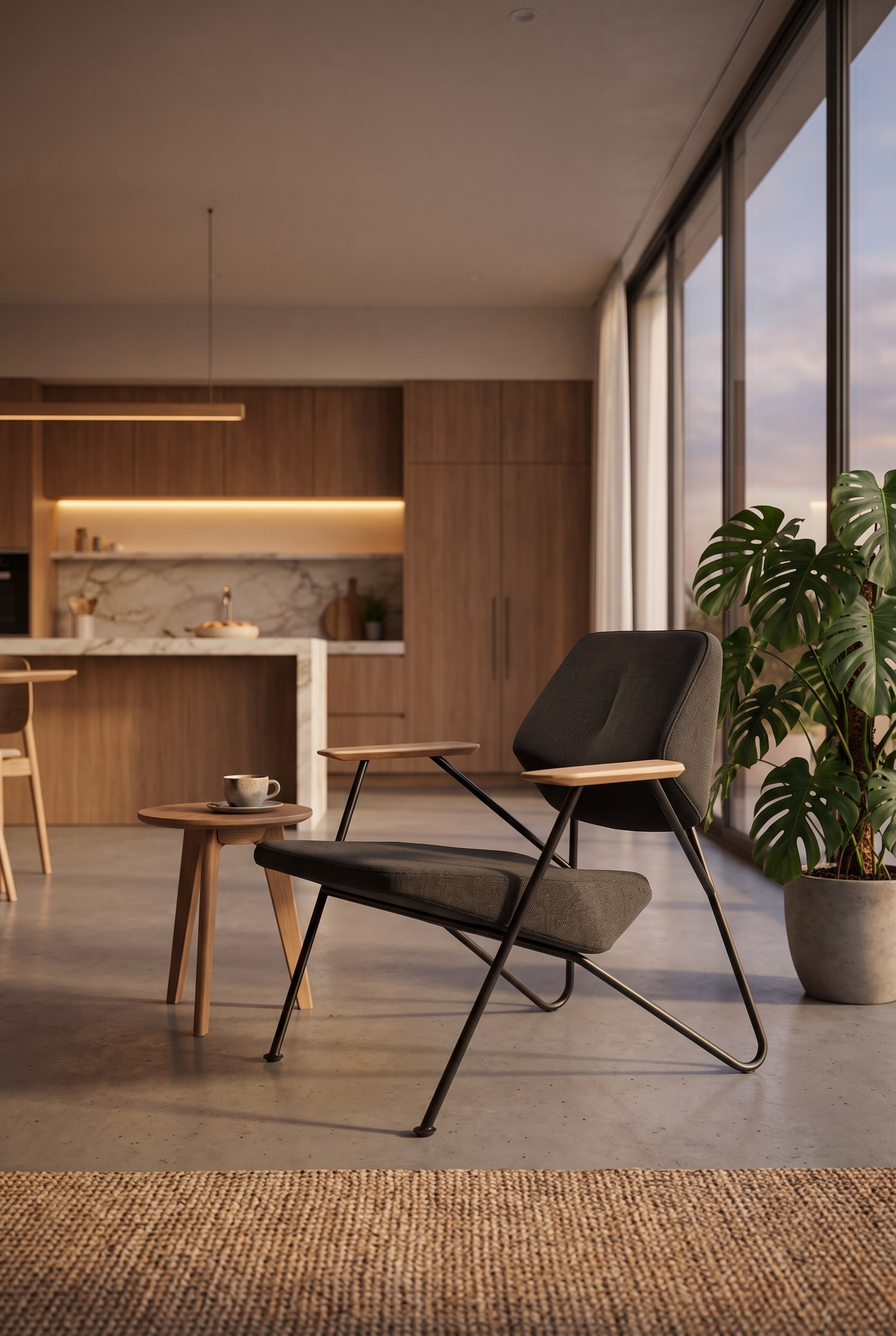 Hoekige loungefauteuil met groene stoffen bekleding als satellietzone in de open ruimte