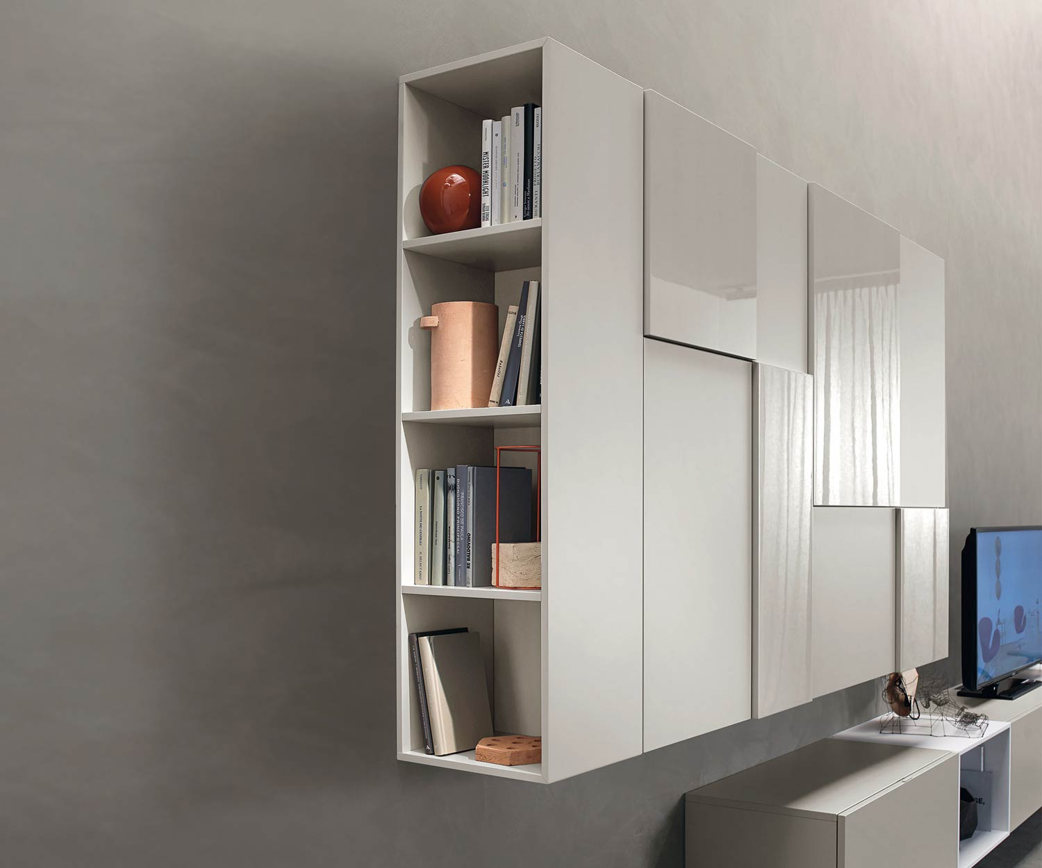 Hochwertige hängende Design Wohnwand C07 mit seitlichem Bücherregal Hochwertige hängende Design Wohnwand C07 mit seitlichem Bücherregal