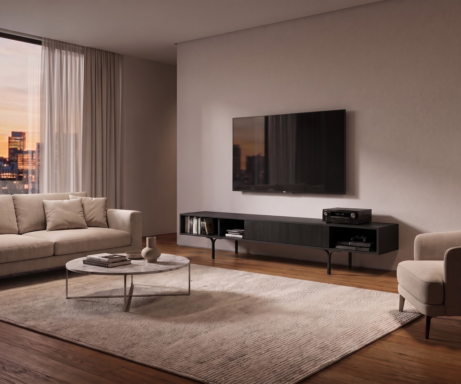 al2 Mobius 005 TV-Lowboard im modernen Wohnzimmer unter dem Fernseher, dunkles Holz mit grazilen Beinen und offenem Fach.