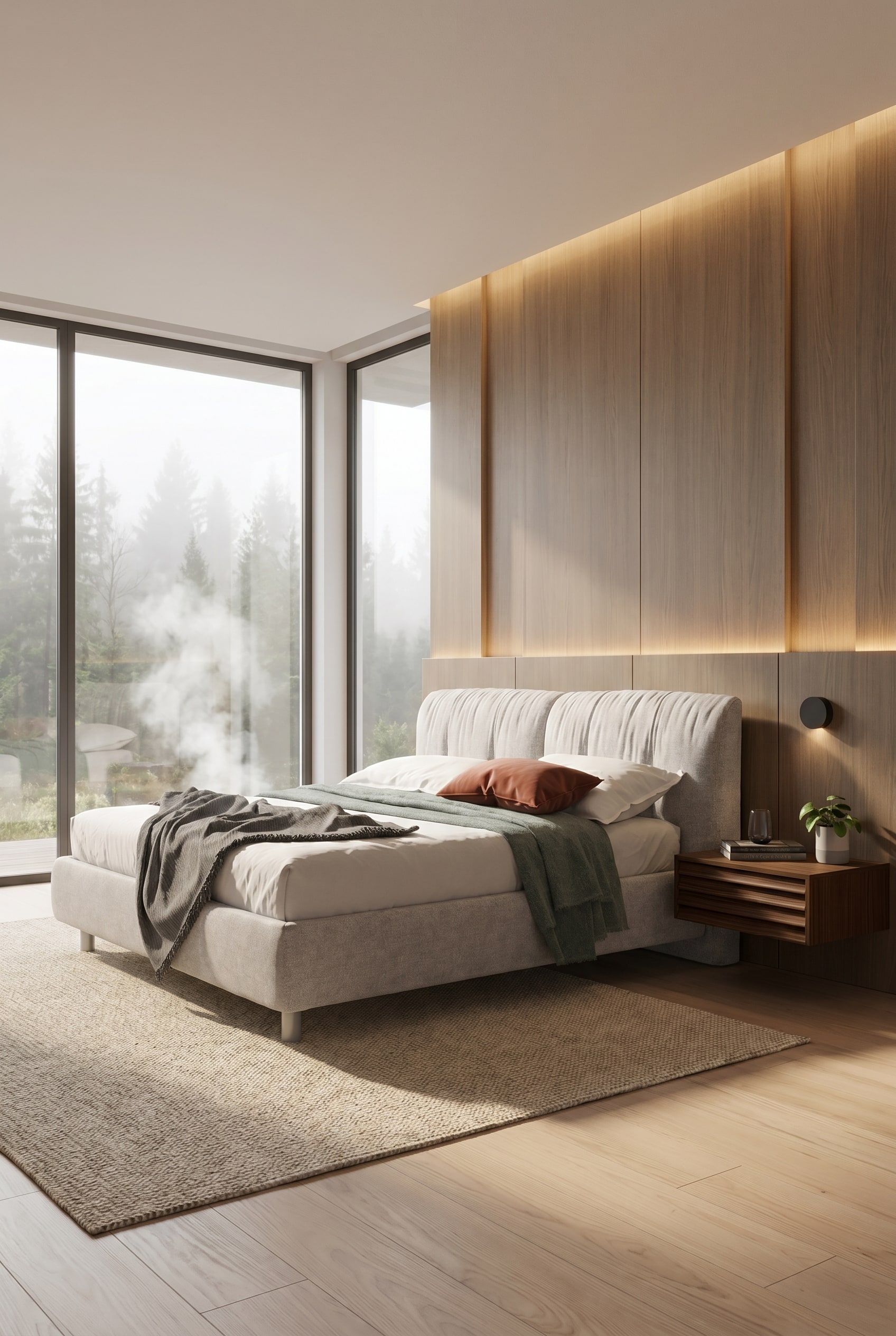 Camera da letto moderna e luminosa con finestre a tutta altezza e letto imbottito grigio centrato con testiera spessa