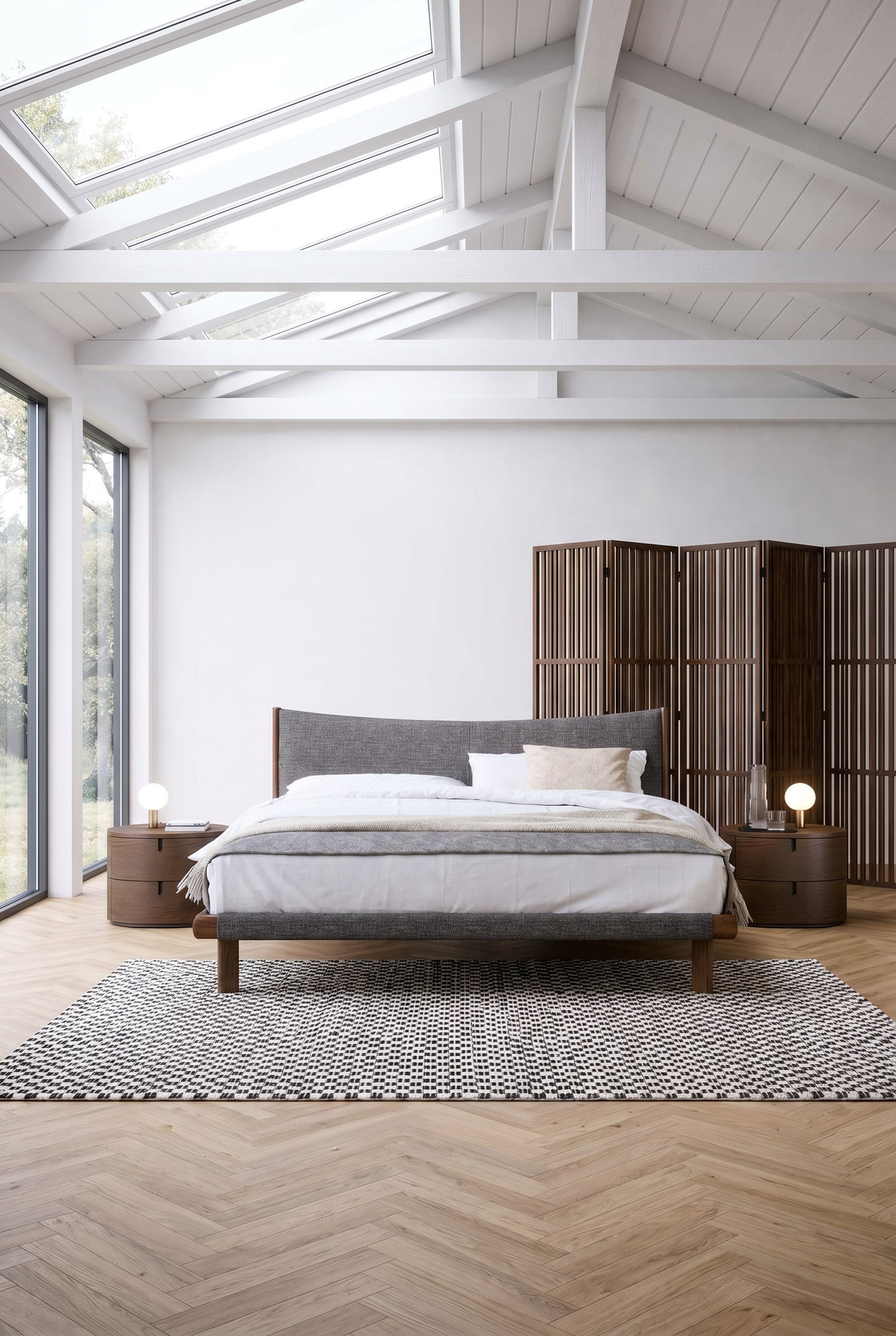 Elegante letto in legno scuro con schienale curvo, biancheria da letto grigia e due comodini arrotondati abbinati su un pavimento in assi chiaro