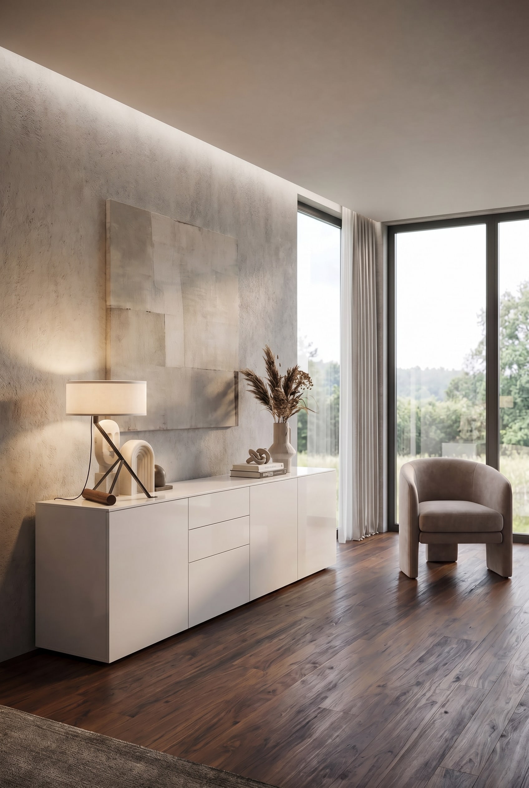Soggiorno moderno con mobile contenitore minimalista e atmosfera ordinata