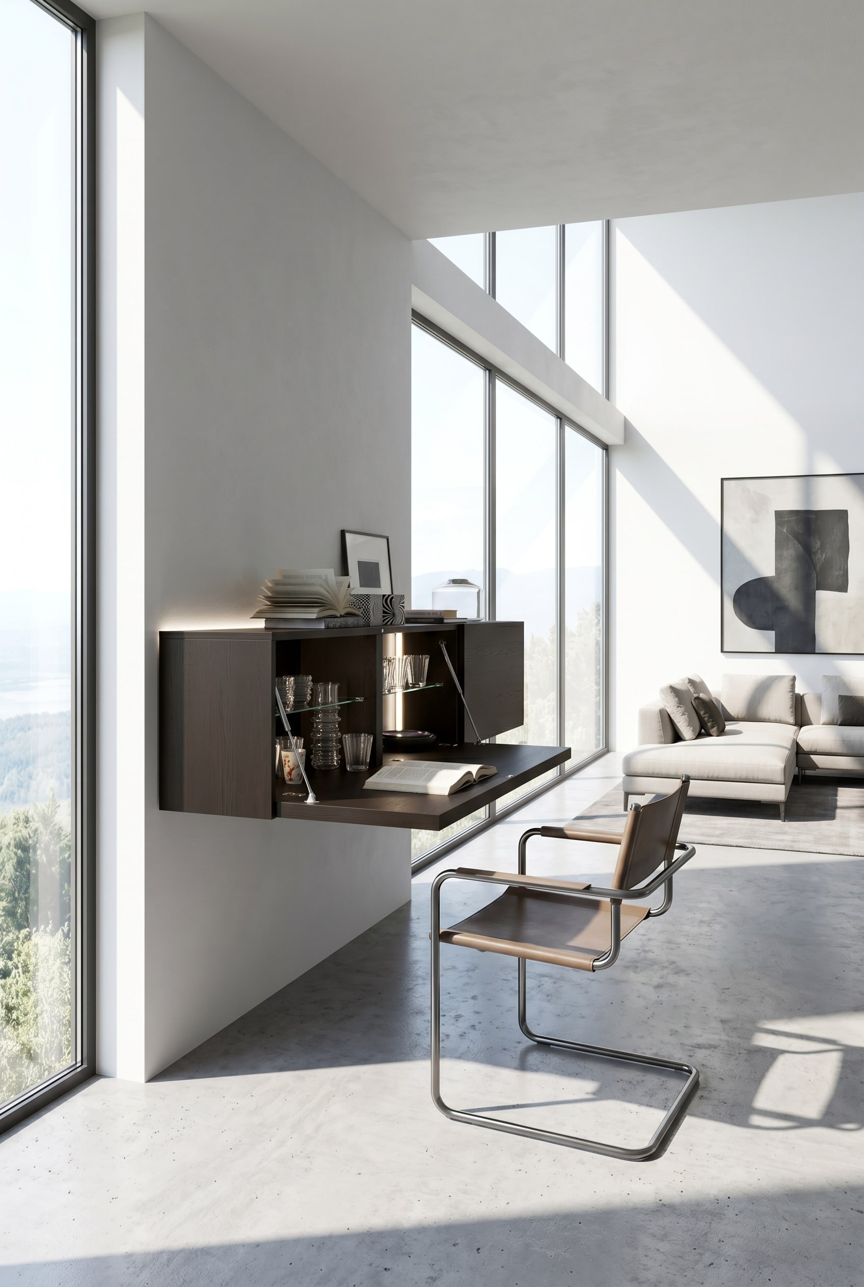 Een elegante hangkast die uitgeklapt dient als modern bureau in de woonkamer. Een elegante hangkast die uitgeklapt dient als modern bureau in de woonkamer.