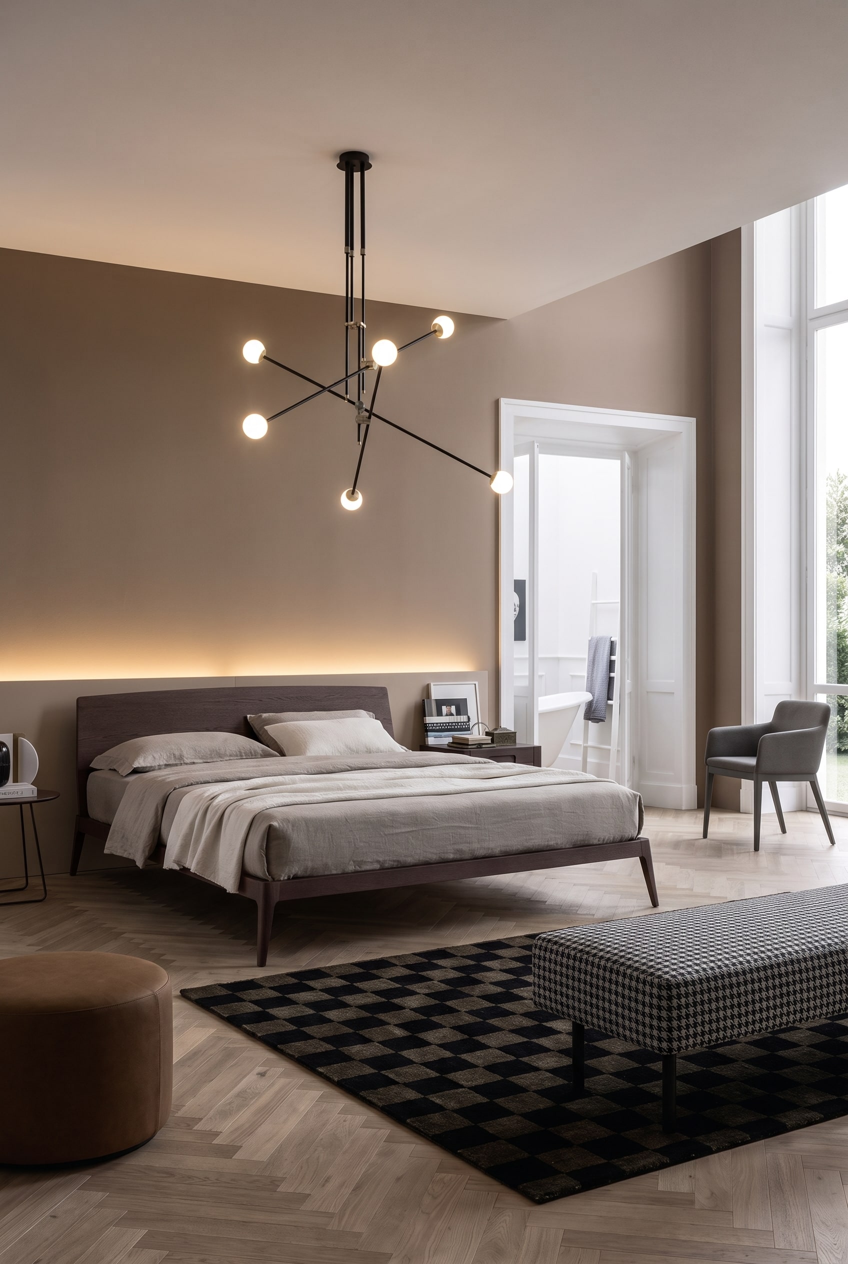 Elegant bedroom with Novamobili Siri wooden bed, floating look and Macchiato wall