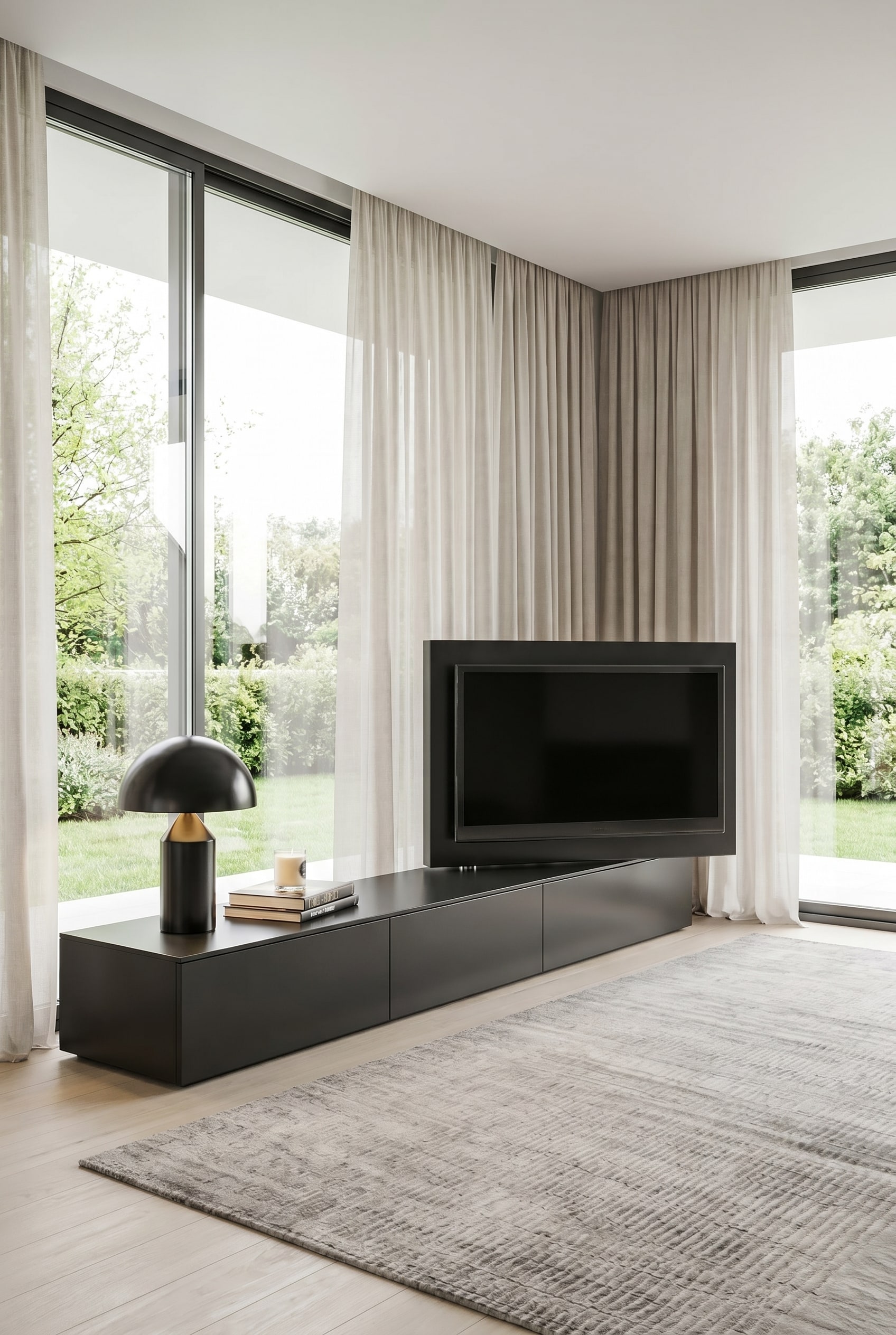 Modern black lowboard with integrated, slightly swiveled TV panel Modern black lowboard with integrated, slightly swiveled TV panel