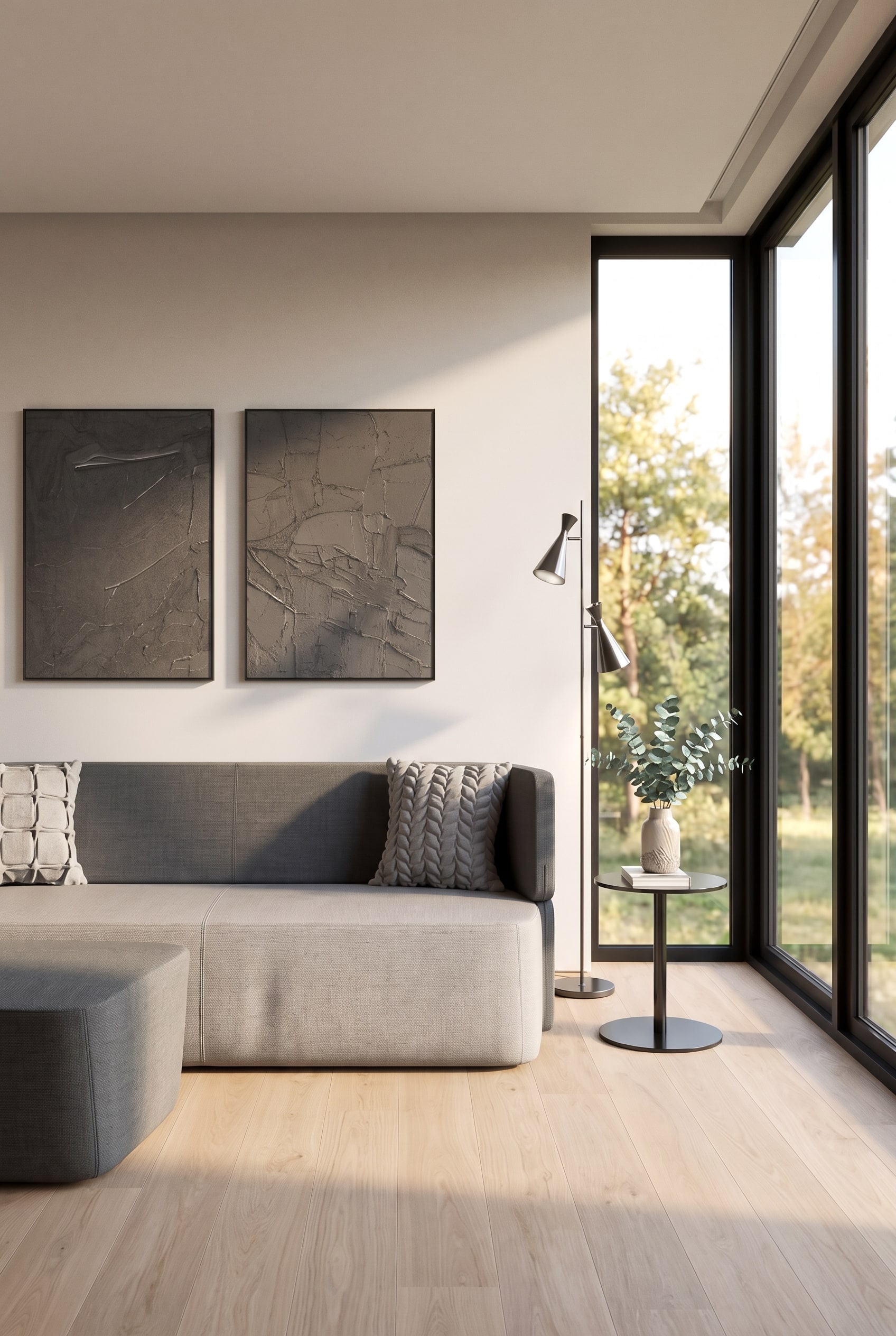 Compact, modern ingerichte woonkamer met een puristische slaapbank in grijs en een filigrane booglamp.