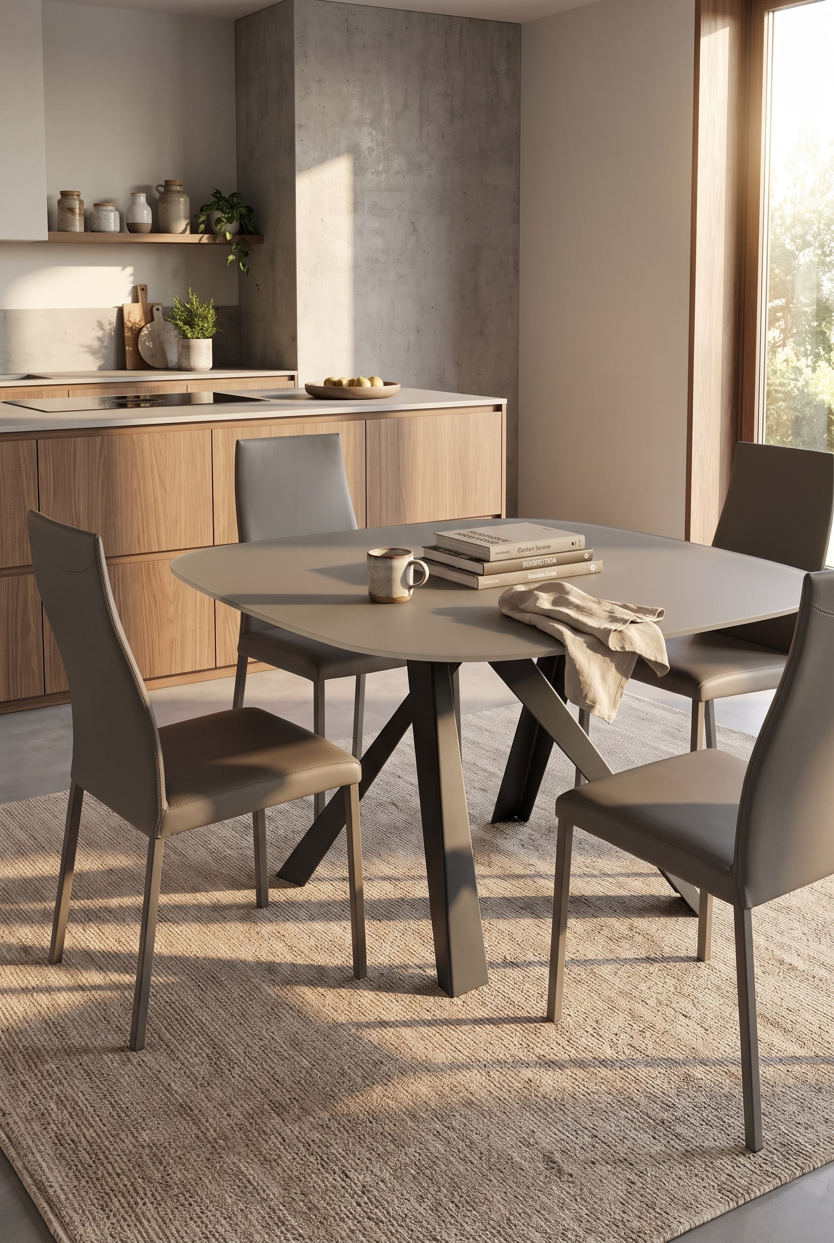 Eettafel met matgrijs blad en centrale stervoet omringd door vier lederen stoelen