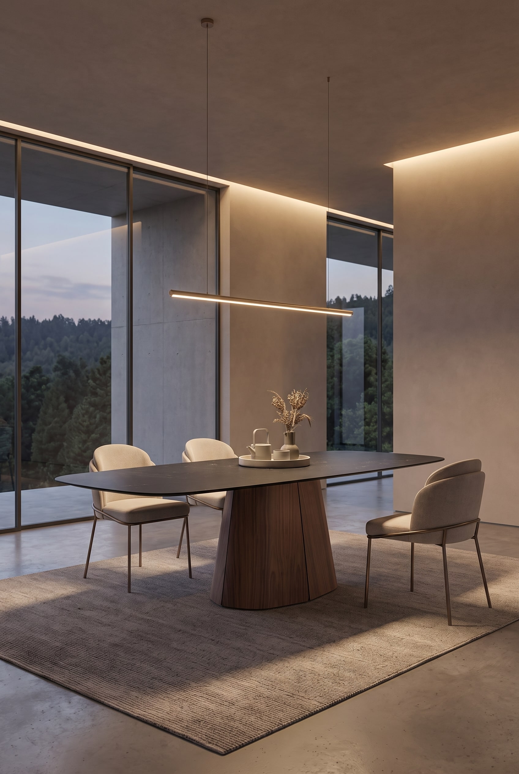 Minimalistisches Esszimmer mit schlankem Holz-Esstisch, feinen Polsterstühlen und einer filigranen Hängeleuchte