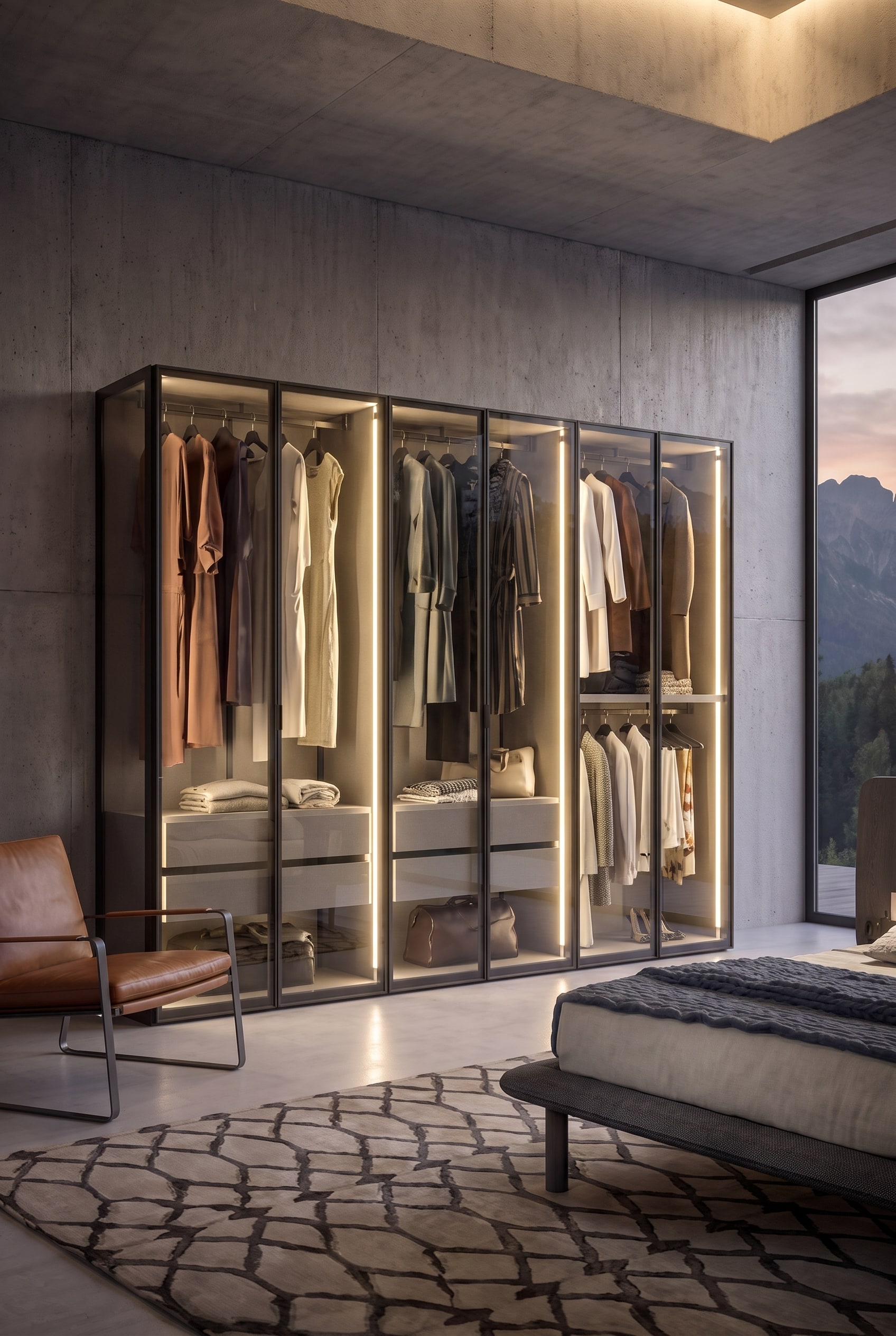 Vista dettagliata di un armadio in vetro illuminato con vestiti appesi in modo accurato e una poltrona in pelle marrone in primo piano.