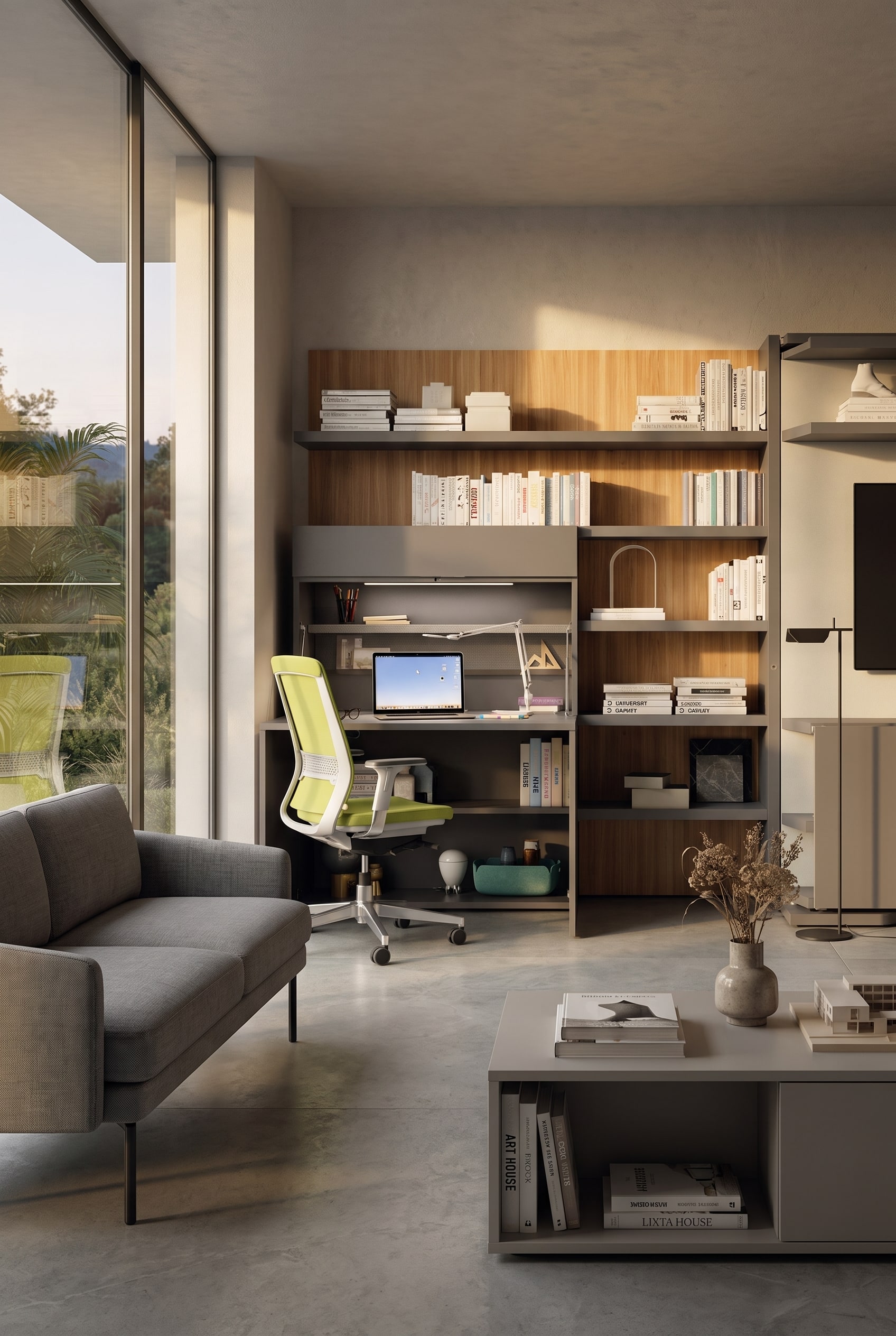 Un home office luminoso e minimalista con una sedia da ufficio ergonomica e una scrivania integrata in una credenza alta.