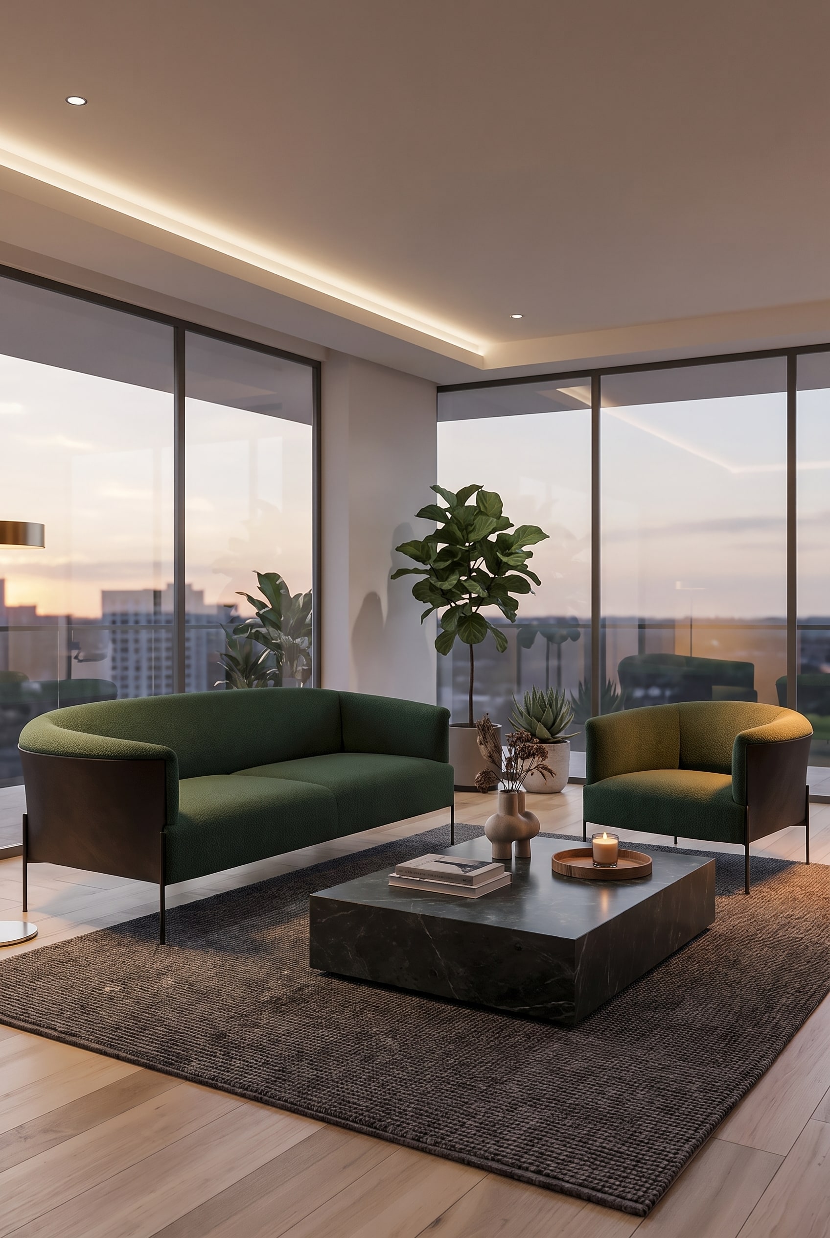 Divano Lounge Marelli Andy verde scuro in un elegante soggiorno con rovere affumicato e un tavolo in travertino
