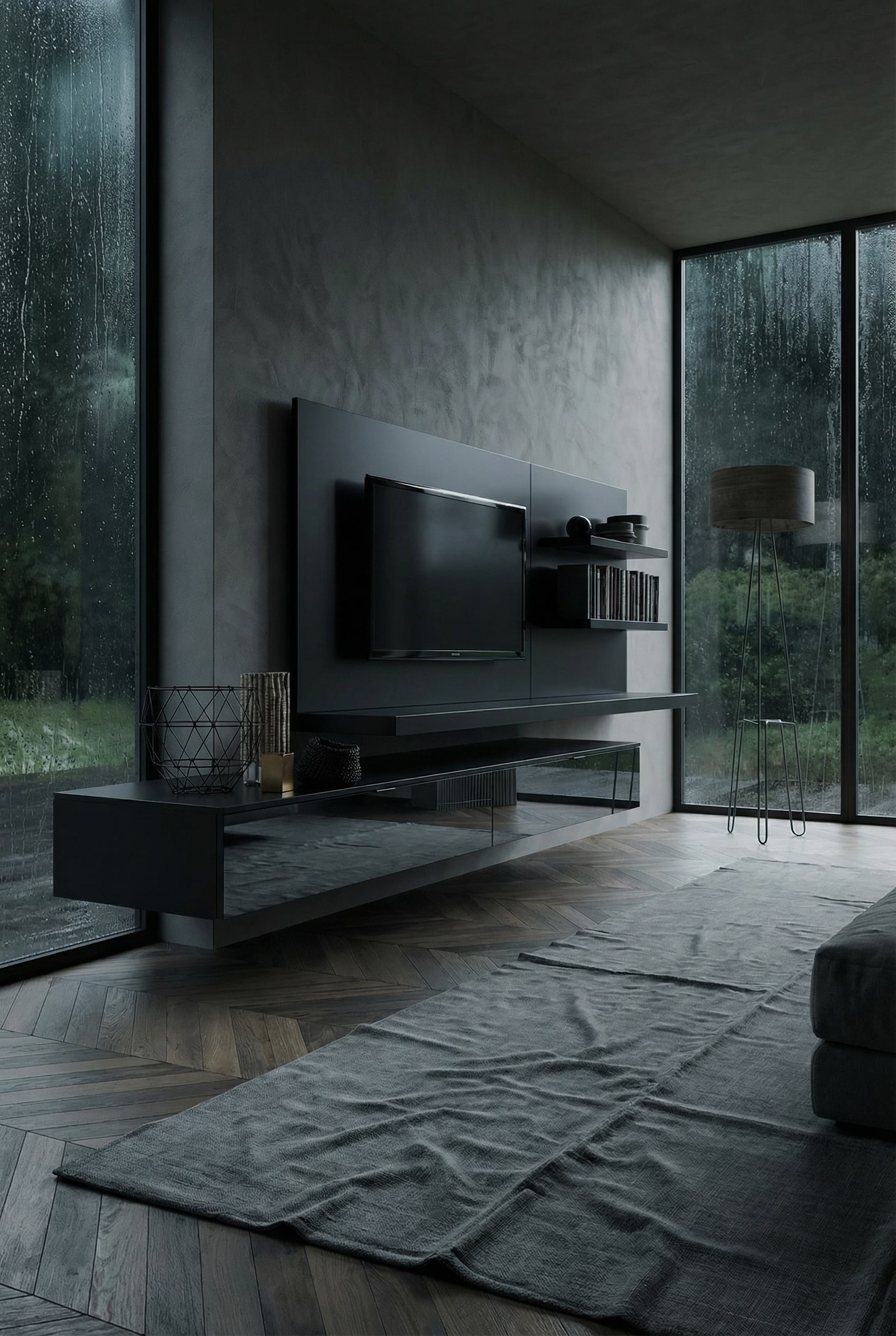 Dunkle, monochrome Wohnwand mit Glasdetails Dunkle, monochrome Wohnwand mit Glasdetails