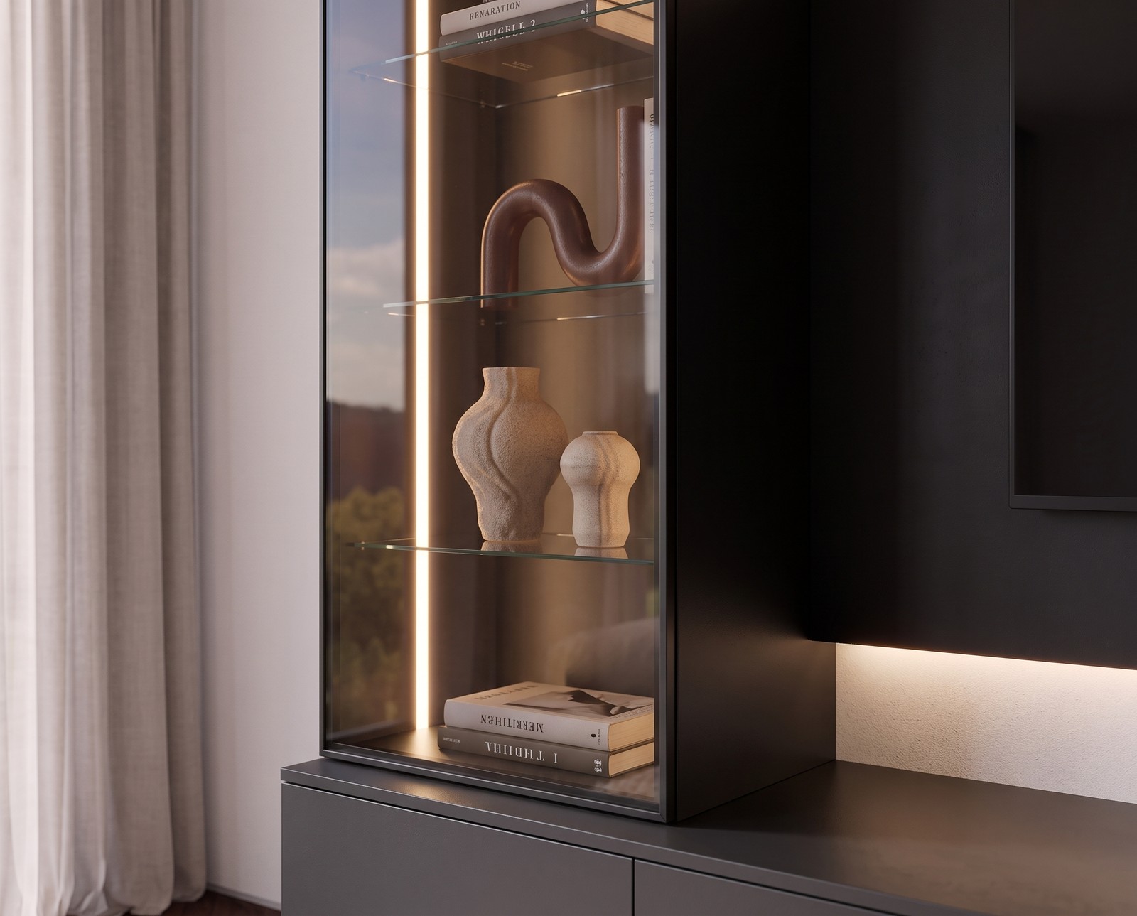 Smoked glass cabinet with LED of the C109 wall unit in black Smoked glass cabinet with LED of the C109 wall unit in black