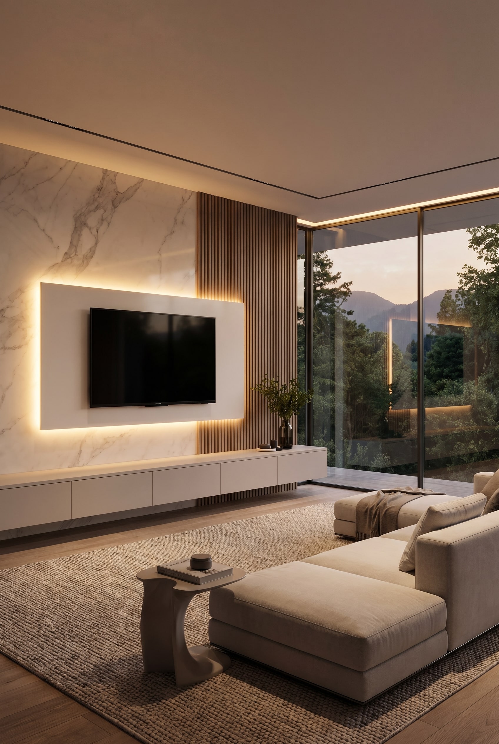 Moderne woonkamer met plafondhoog TV-wandpaneel van hout, een eenvoudig lowboard, minimalistische bank en een elegante designvaas