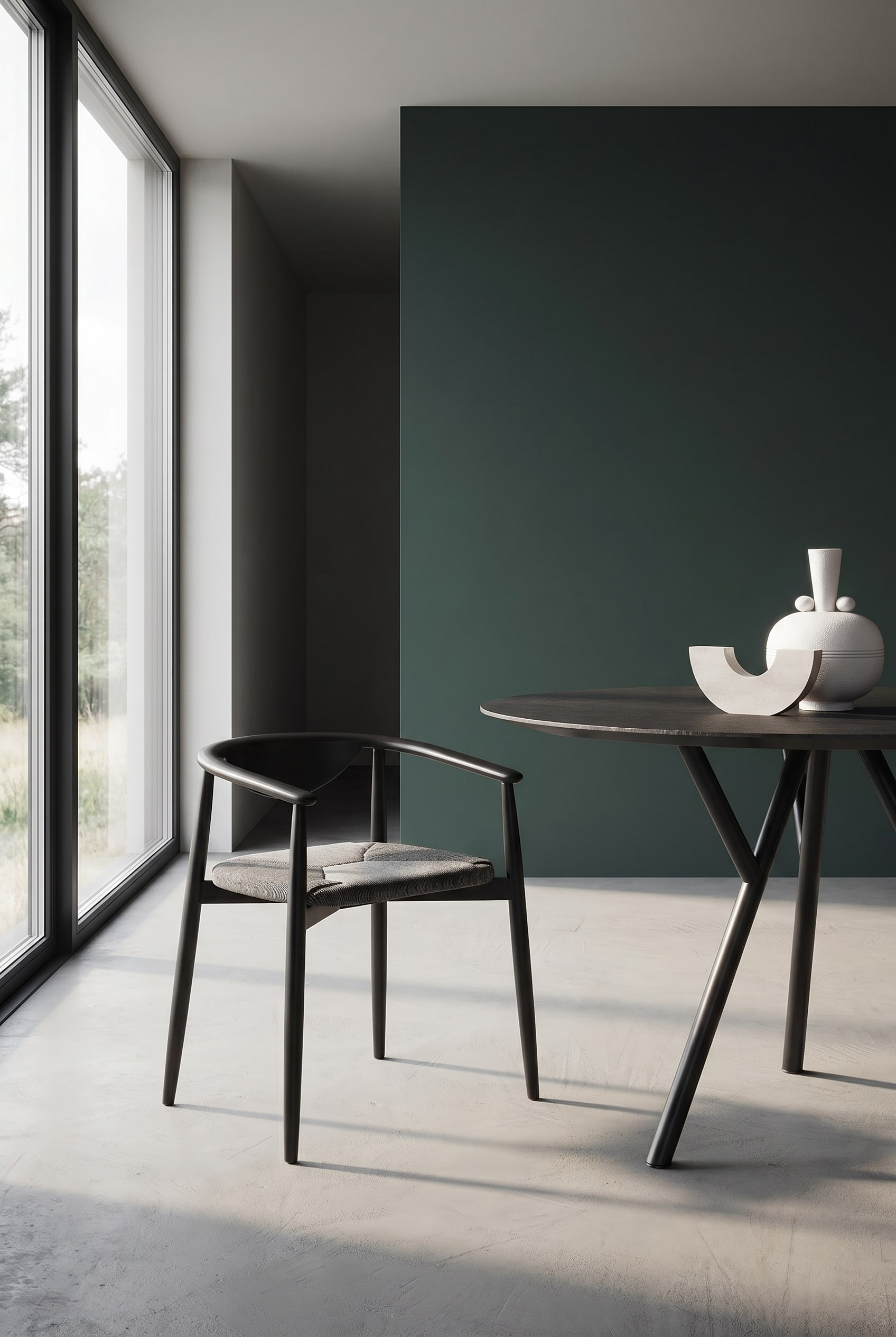 Sala da pranzo verde scuro con sedia di design nera in frassino e seduta imbottita strutturata a un tavolo da pranzo rotondo nero