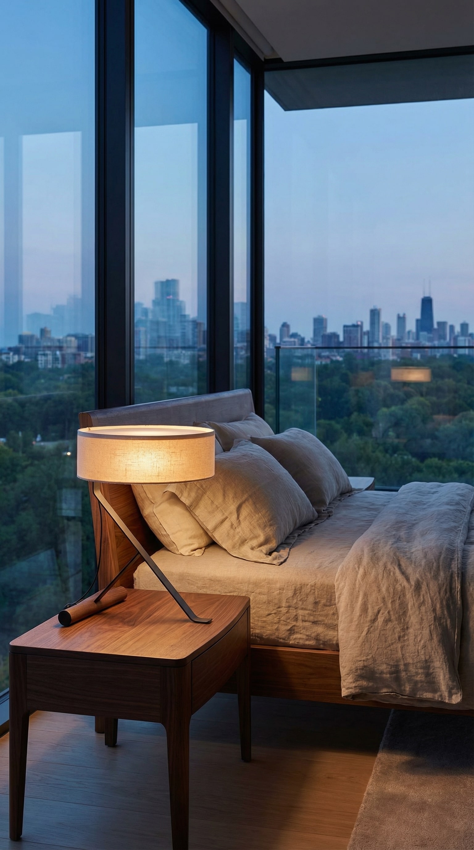 Punt Chicago Leuchte auf einem stilvollen Nachttisch neben einem gemütlichen Bett. Punt Chicago Leuchte auf einem stilvollen Nachttisch neben einem gemütlichen Bett.