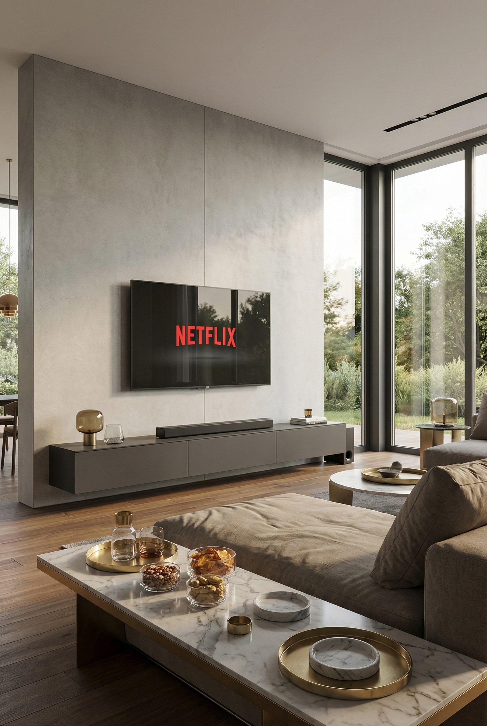 Minimalist floating lowboard on a bright living room wall Minimalist floating lowboard on a bright living room wall