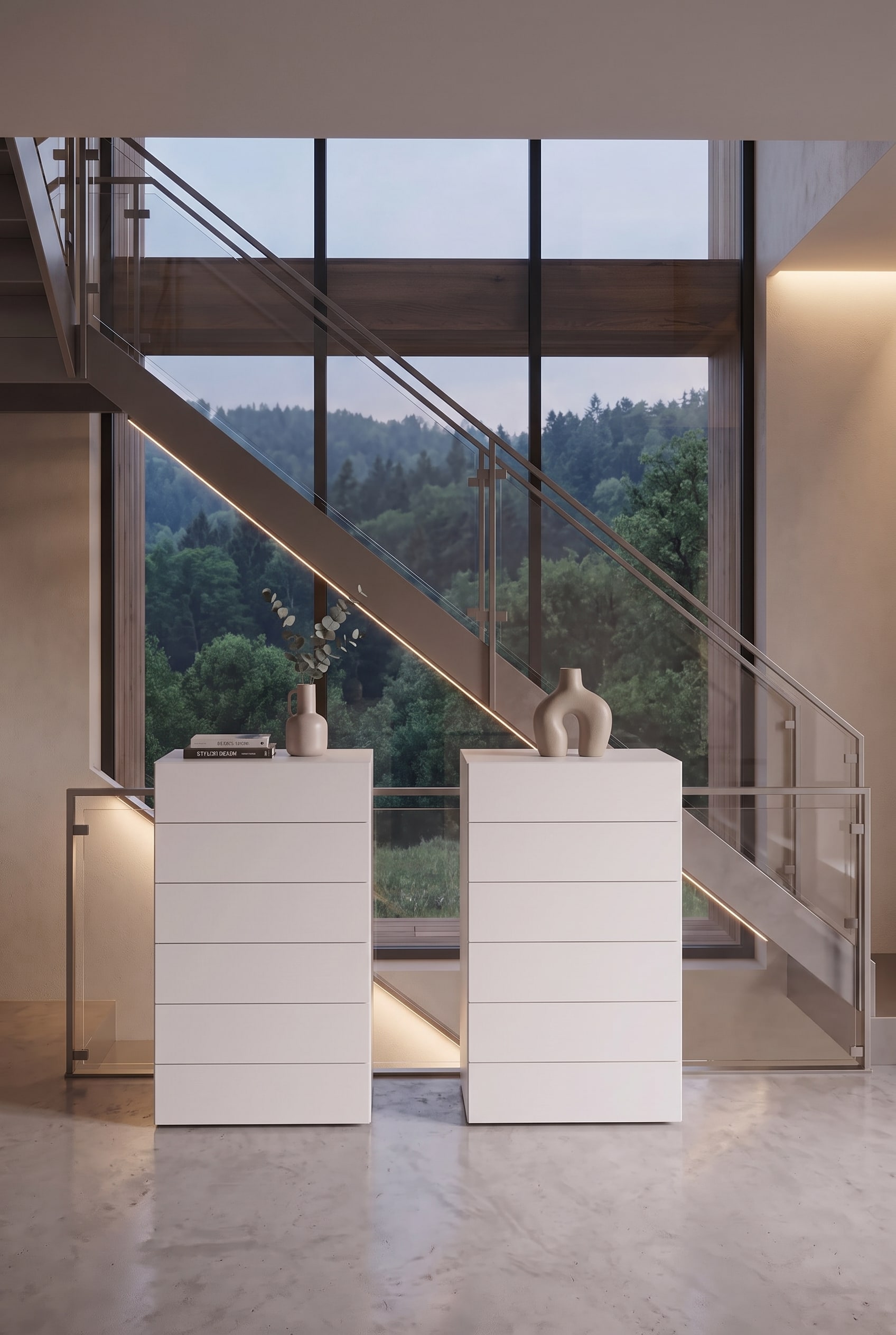 Frontaal aanzicht van twee witte hoge ladekasten in een modern trappenhuis voor een groot panoramaraam.