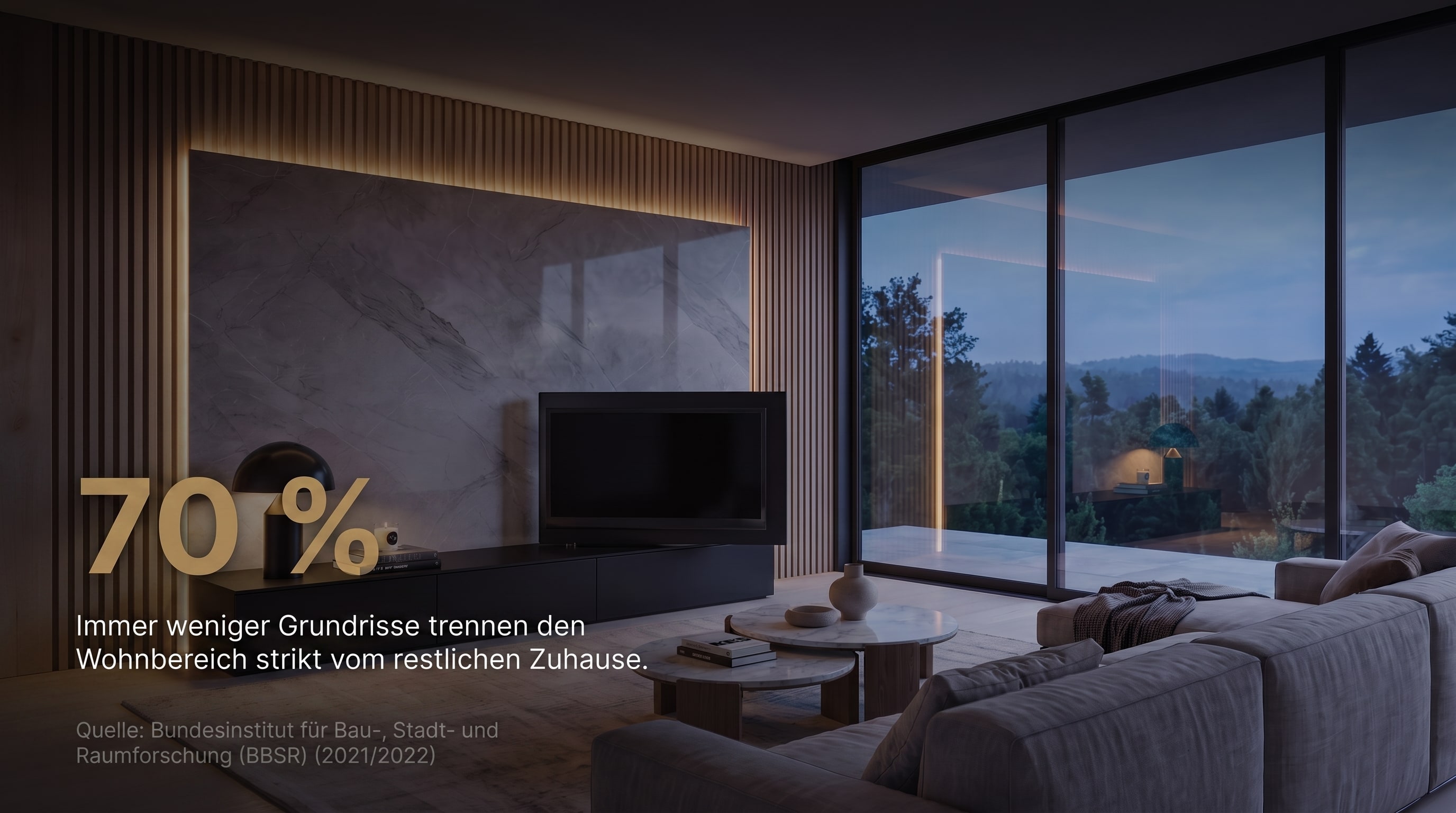 70 % – Sempre meno planimetrie separano rigorosamente la zona giorno dal resto della casa.