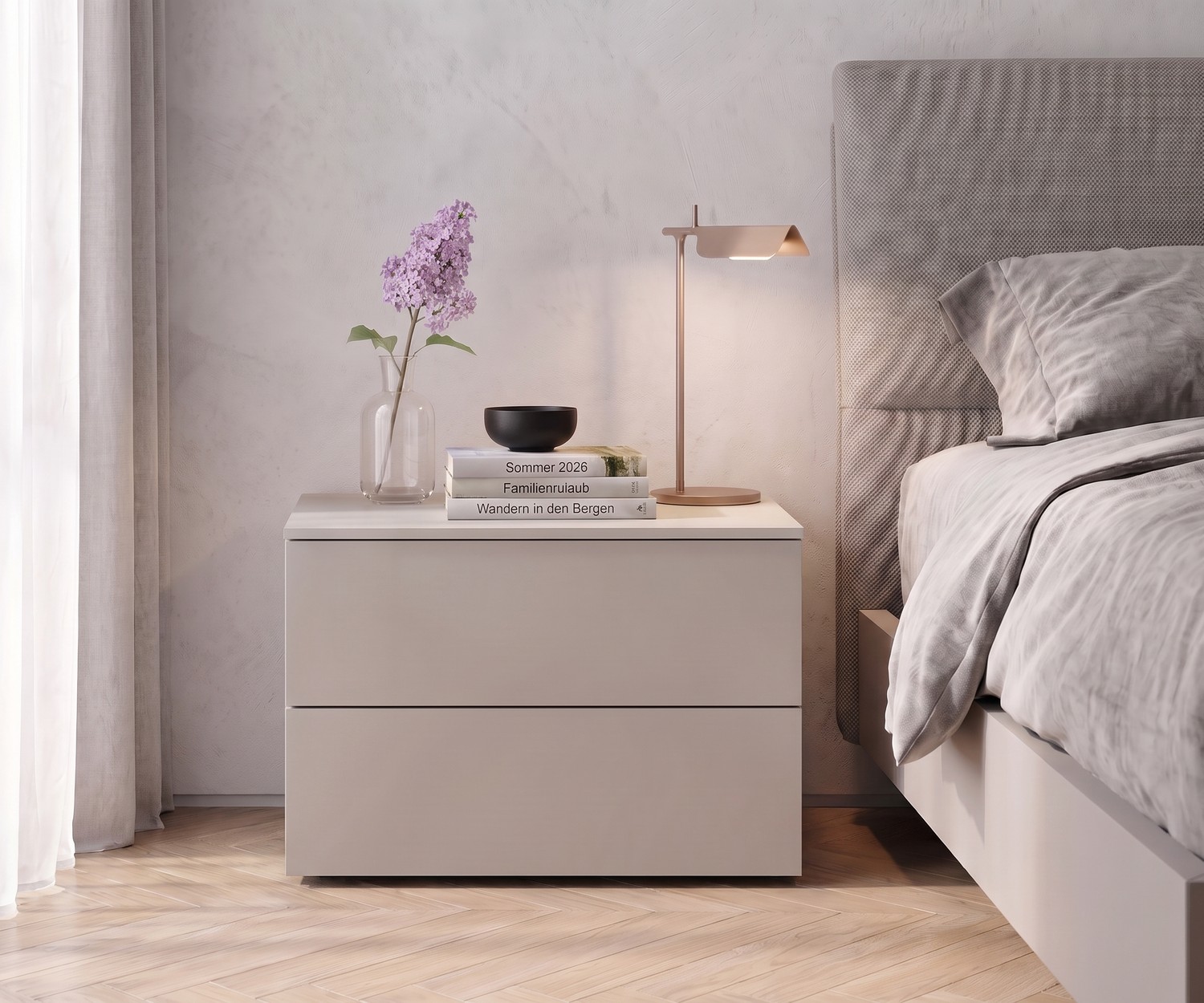 Livitalia Atena bedside table with drawers in a modern bedroom, minimalist Italian design nightstand in beige grey.