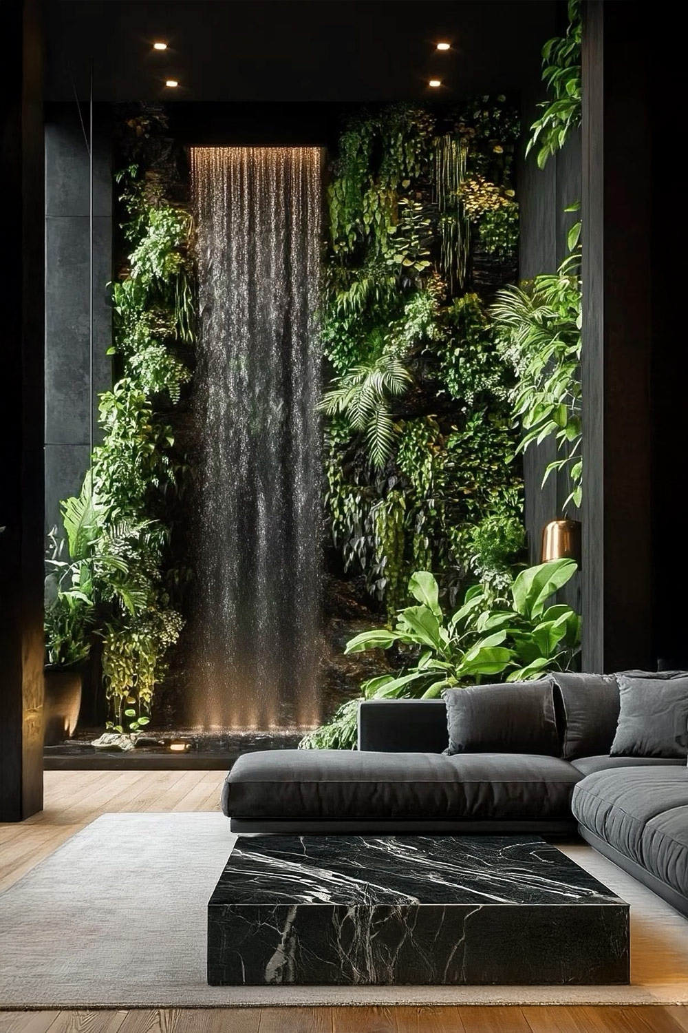 extravagant-eingerichtetes-wohnzimmer-mit-grauer-couch-marmoriertem-tisch-und-natuerlich-anmutender-wasserfalllandschaft