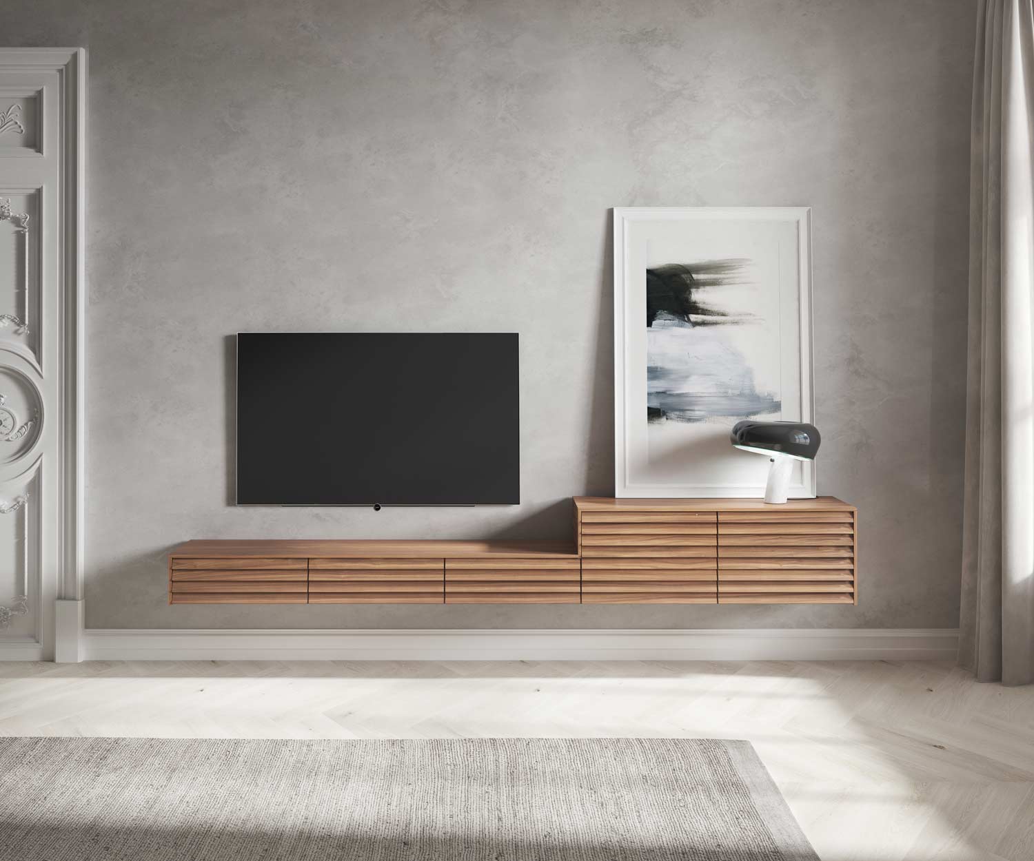 Punt Sussex Design Konfigurator hängendes Design Lowboard an der Wand mit TV Punt Sussex Design Konfigurator hängendes Design Lowboard an der Wand mit TV