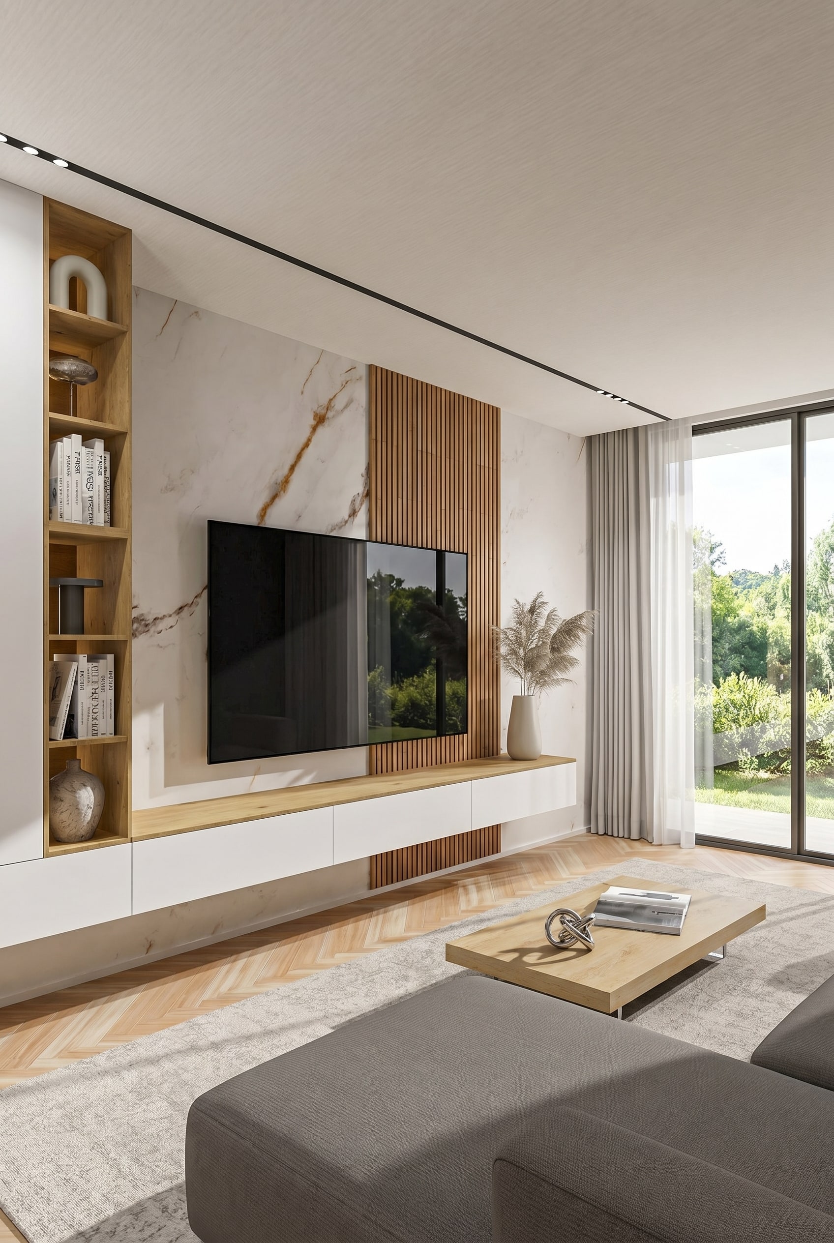 Raumhohe Wohnwand, die den vertikalen Platz in einem modernen Wohnzimmer optimal nutzt