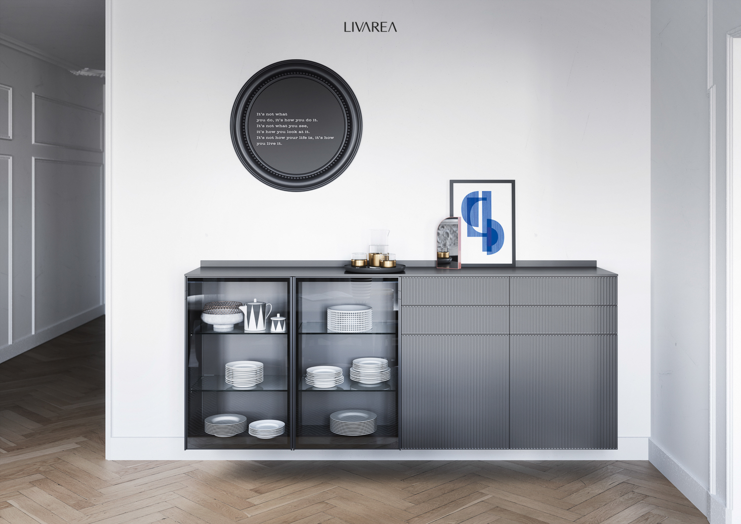 Exklusiver Vitrinen Schrank mit Glasturen und Schubladen schwebend an der Wand Exklusiver Vitrinen Schrank mit Glasturen und Schubladen schwebend an der Wand