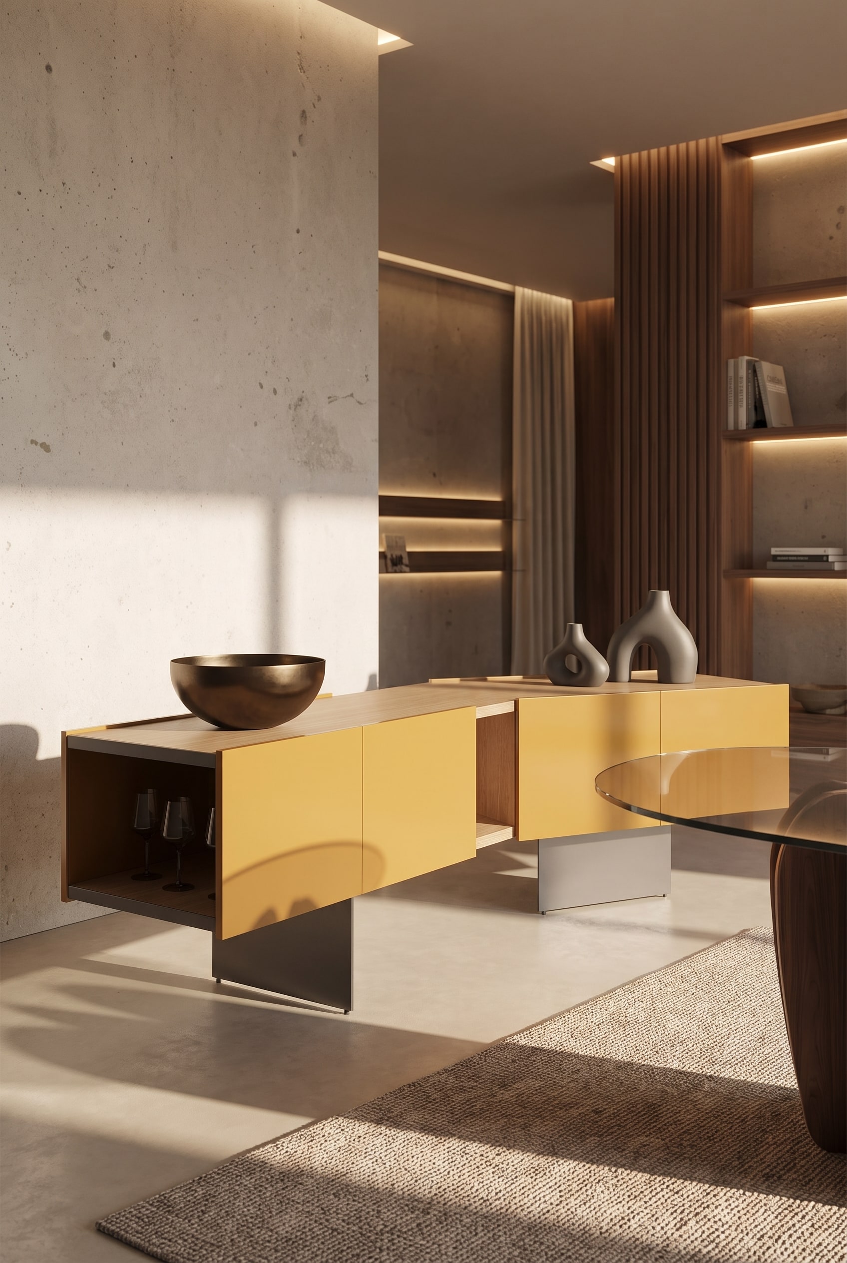 Minimalistically decorated Punt Toscana Firenze Sideboard with a large, asymmetrically placed bronze bowl