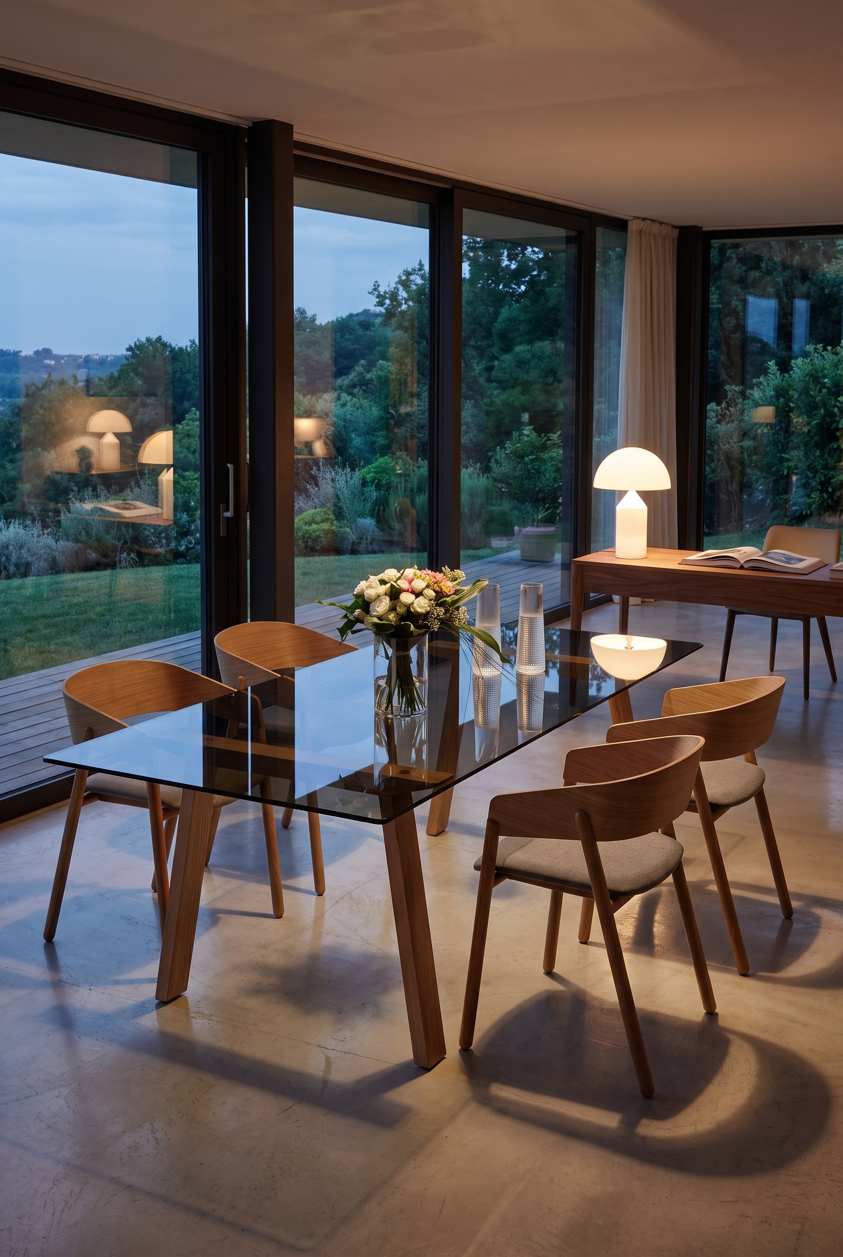 Sala da pranzo luminosa con una sedia filigranata in legno massello di quercia davanti a una parete bianca minimalista
