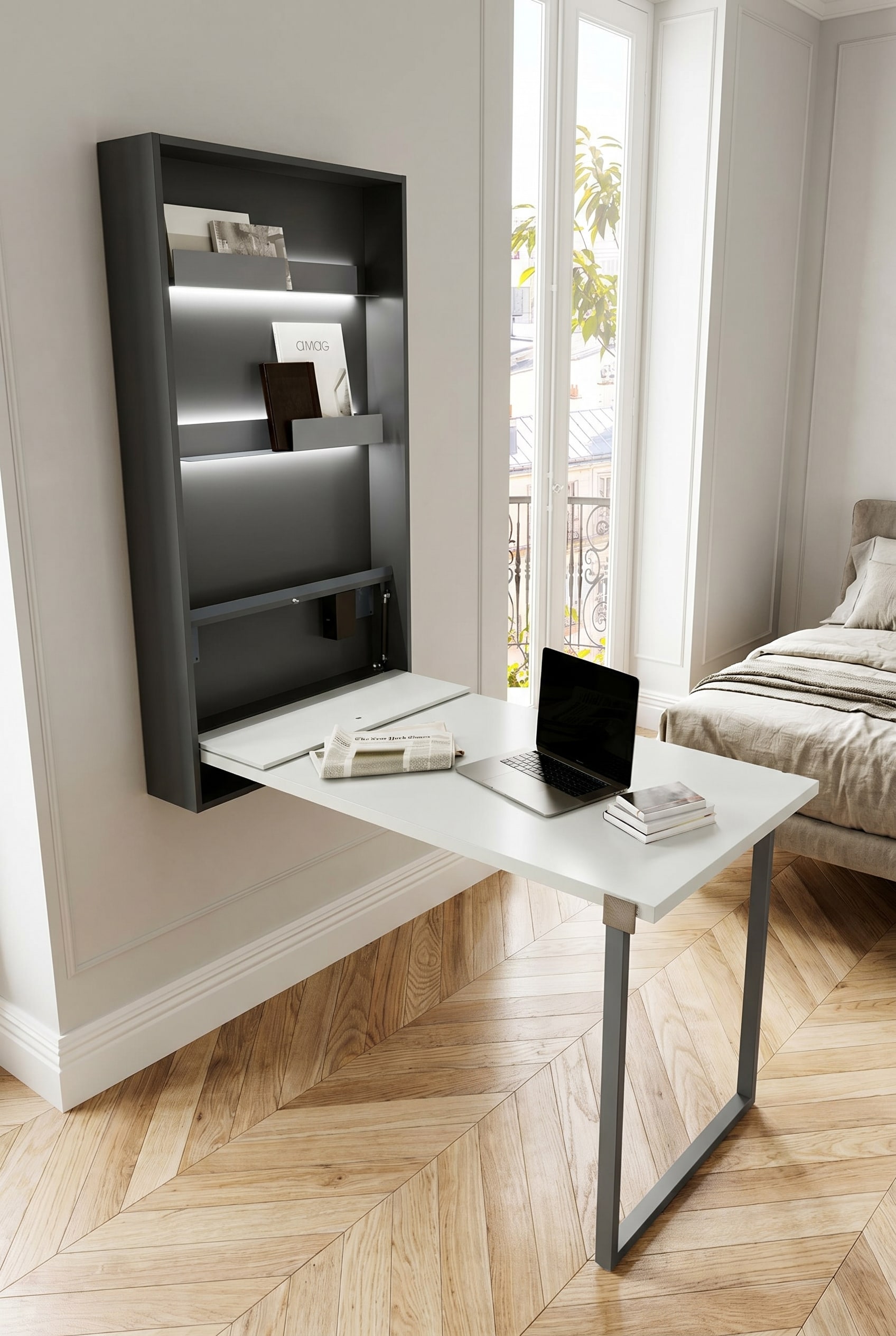 A wall-mounted folding table that unfolds from a very flat cabinet.