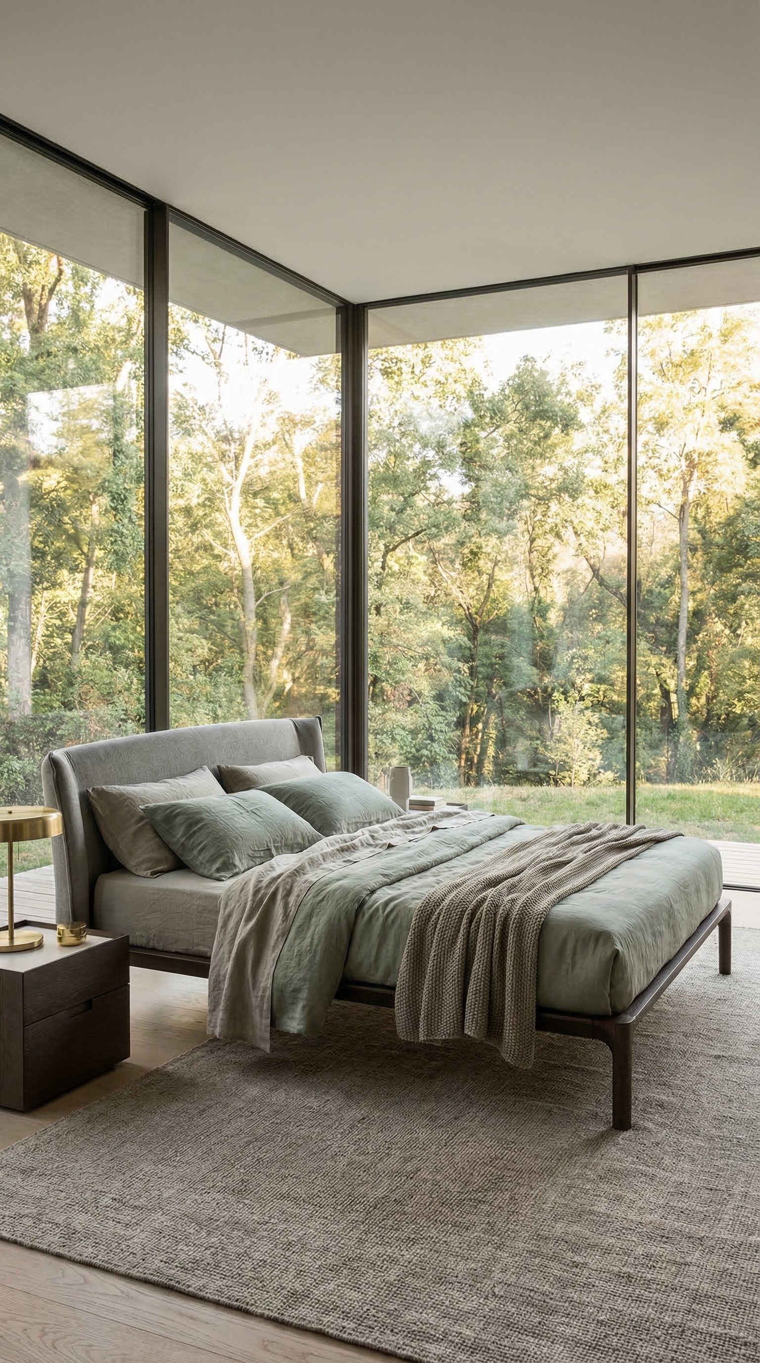 Natürliches Schlafzimmer mit ungebügeltem Leinenbettbezug in Erdtönen Natürliches Schlafzimmer mit ungebügeltem Leinenbettbezug in Erdtönen