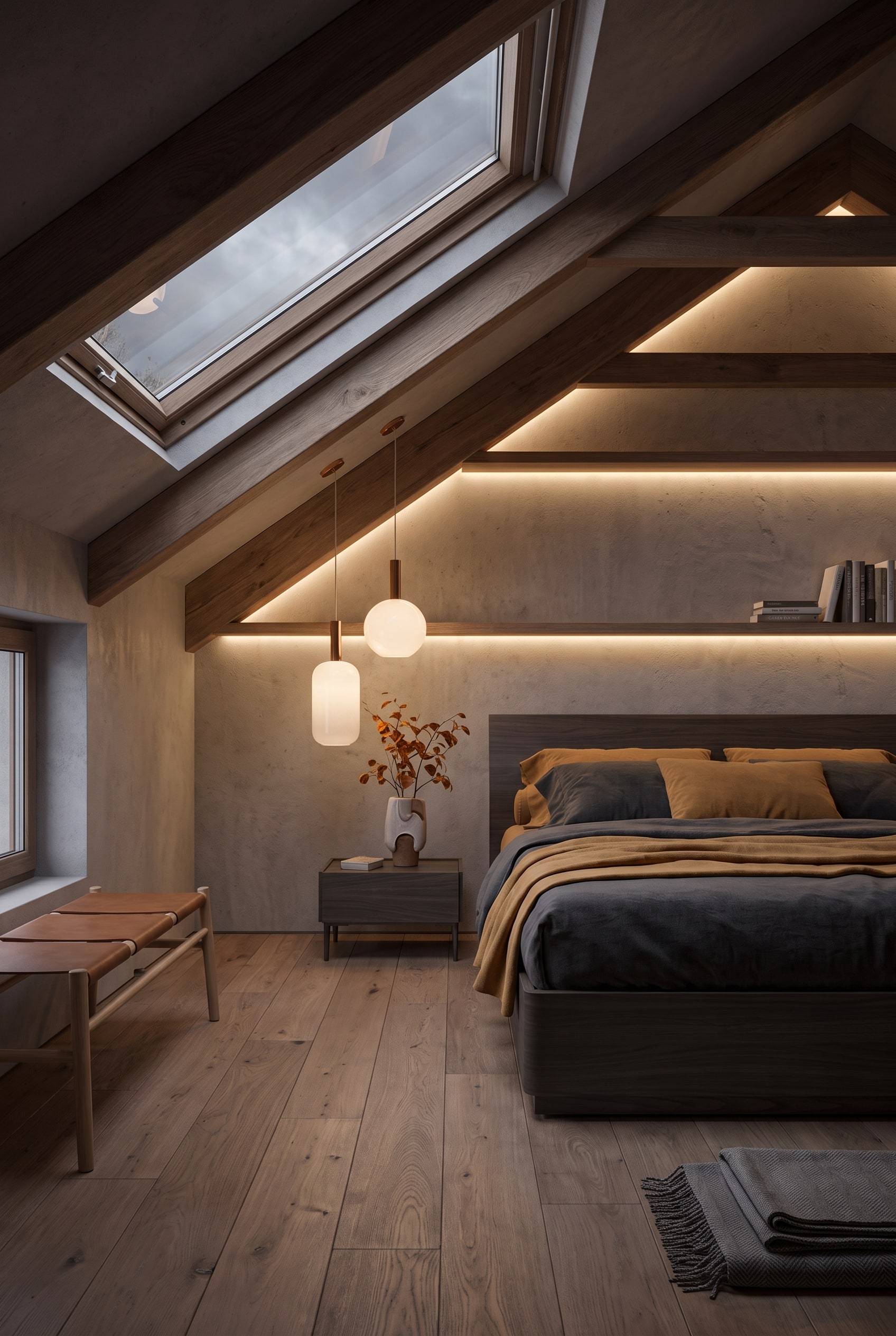 Gemütliches Schlafzimmer mit abgerundetem Designbett unter der Schräge, Blick aus dem Dachfenster in den grauen Herbsthimmel Gemütliches Schlafzimmer mit abgerundetem Designbett unter der Schräge, Blick aus dem Dachfenster in den grauen Herbsthimmel