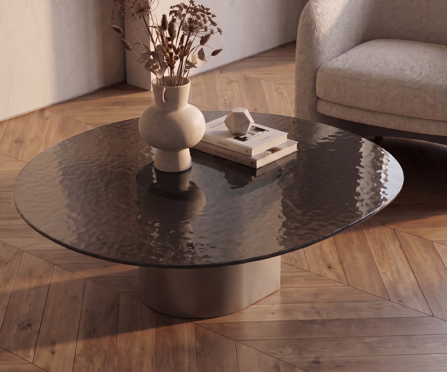 al2 dakry 006 coffee table in a living room, dark textured glass top with a beige pedestal base, modern minimalist style.