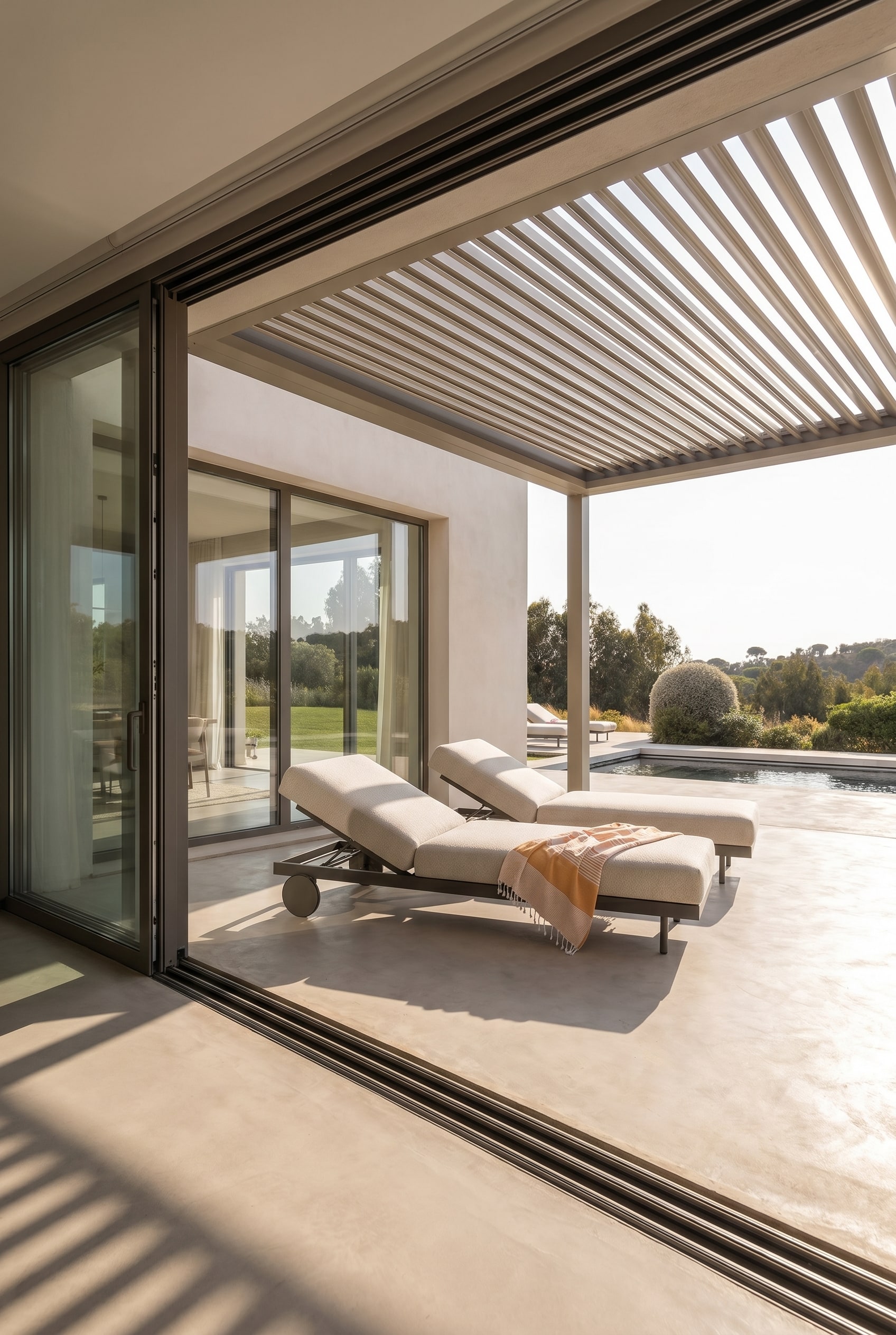 Terrazza di lusso coperta con finestre scorrevoli aperte, tetto a lamelle bioclimatico e la sdraio da giardino minimalista Todus Dongo in tessuto chiaro