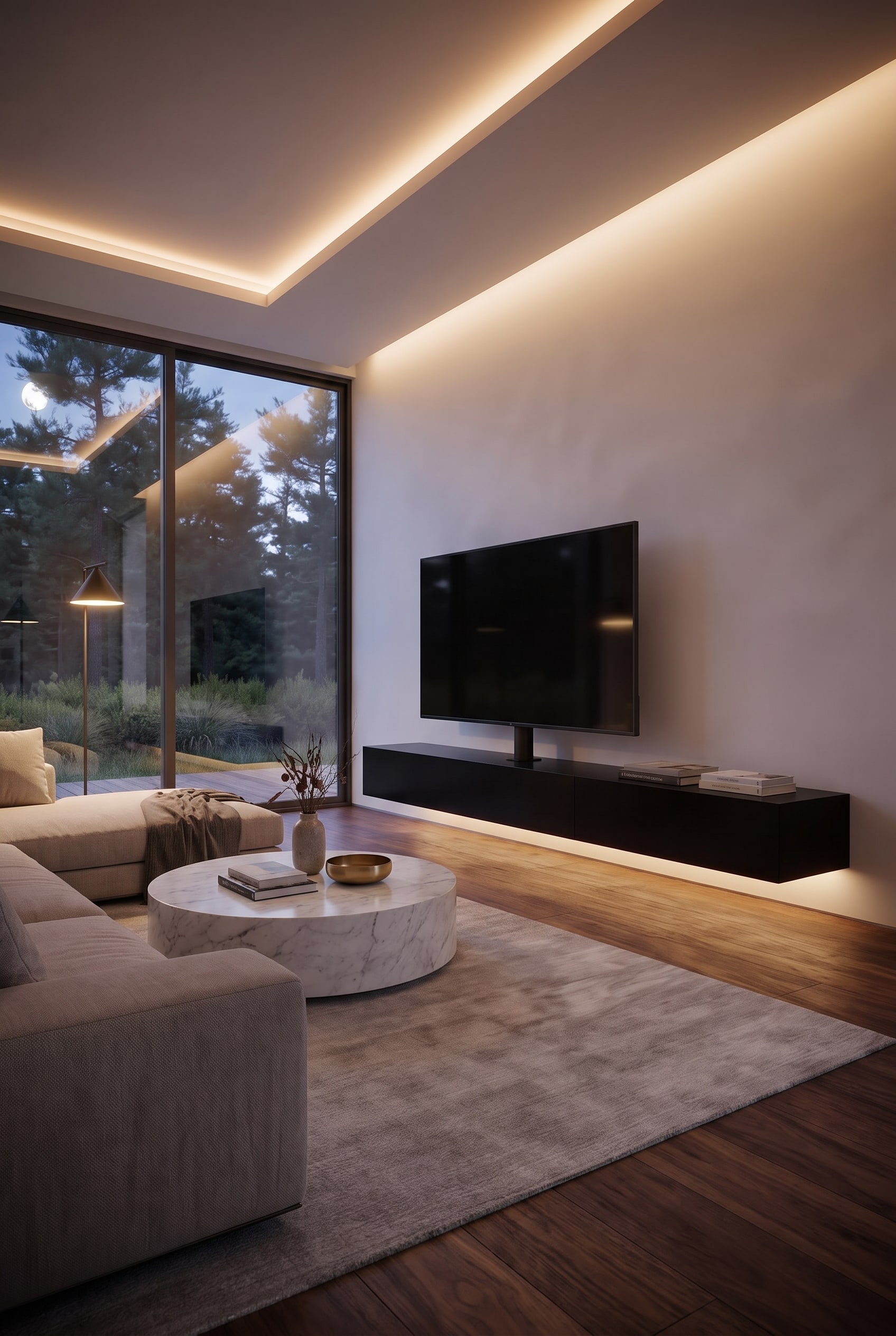 Puristische woonkamer met zwevend, antracietkleurig lowboard, geïntegreerde tv-beugel en houten vloer