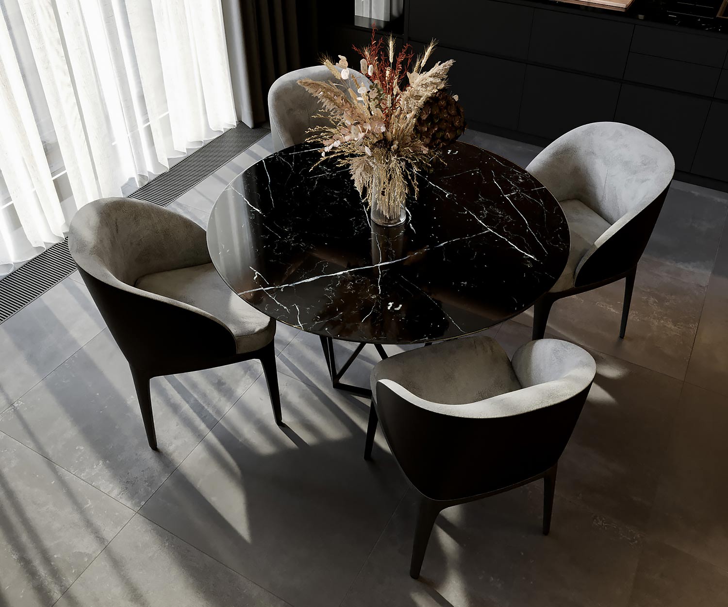 Black Schwarz Marmor Rund Esstisch mit Samt Stuhl Black Schwarz Marmor Rund Esstisch mit Samt Stuhl
