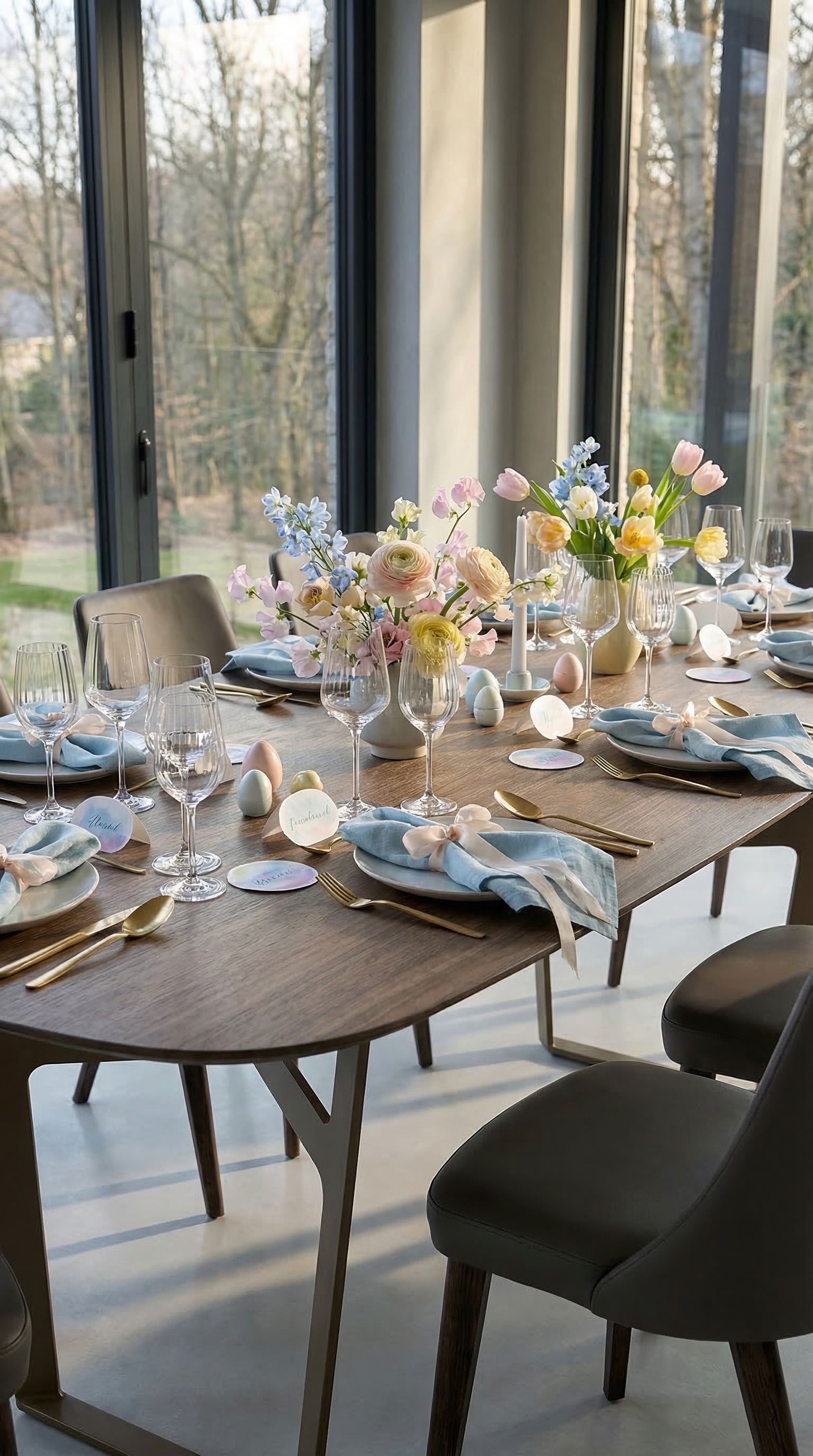 Ein elegant gedeckter Esstisch f&uuml;r ein Fr&uuml;hlings-Dinner mit Freunden, Eisblau und goldenes Besteck.