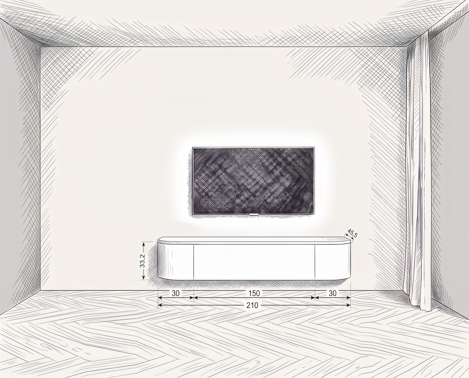 Dimension sketch Tondora lowboard W 210 cm with all dimensions in cm Dimension sketch Tondora lowboard W 210 cm with all dimensions in cm