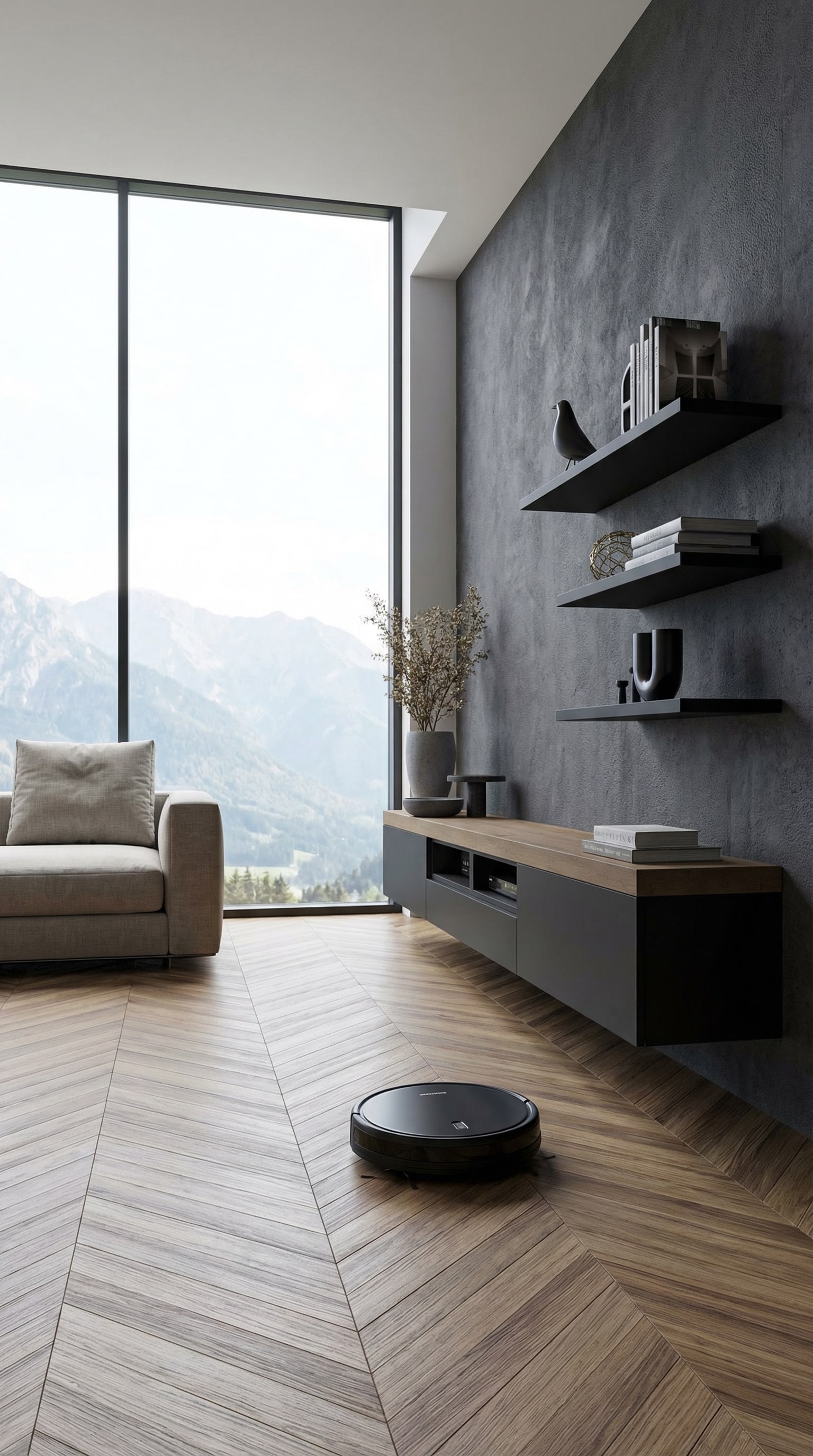 A dark, wall-mounted lowboard in an elegant living room