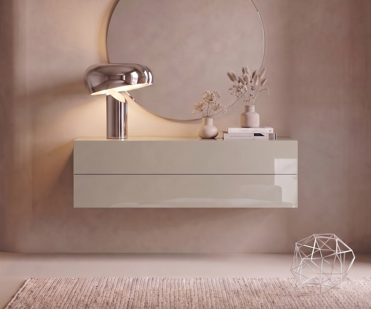 Novamobili Hängekommode Easy in Sand Hochglanz Hängekommode Easy von Novamobili im Flur. Moderne beige Hochglanz-Konsole mit Schubladen, Spiegel und Tischlampe.