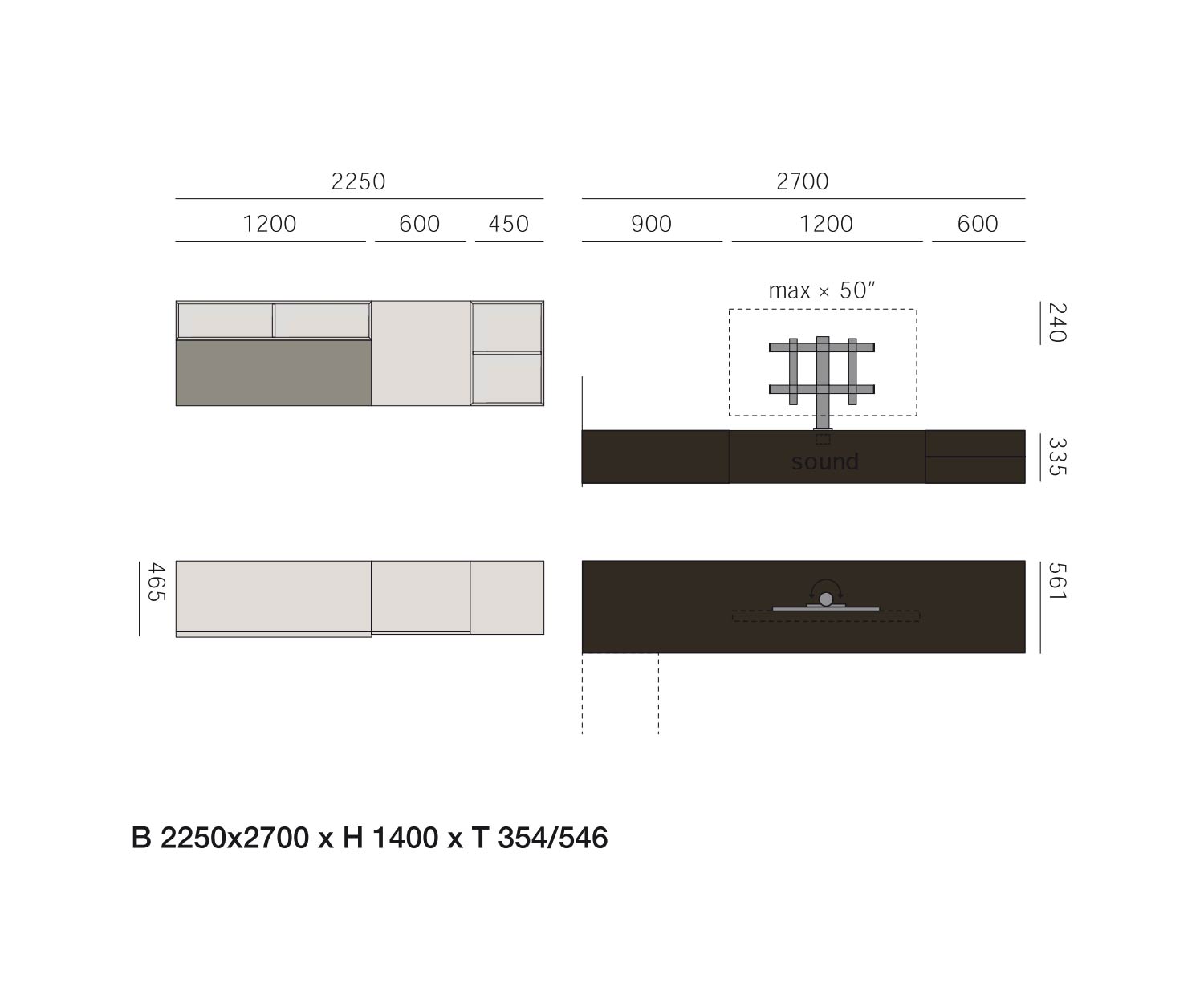 Livitalia Design Wohnwand C51 Maße Skizze Größen Größenangaben