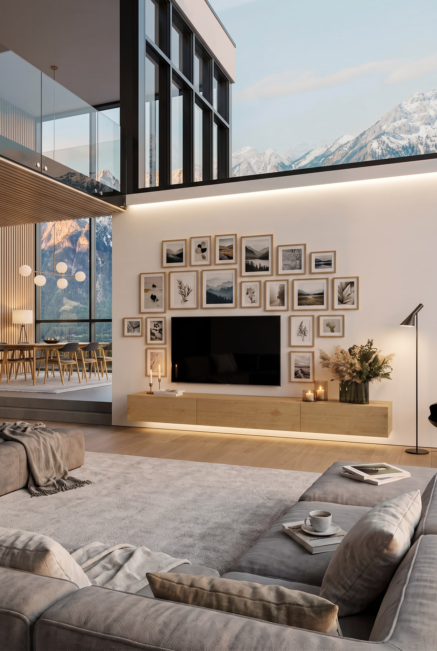 Wandhangend houten lowboard in Scandinavisch design zorgt voor optische lichtheid in de woonkamer